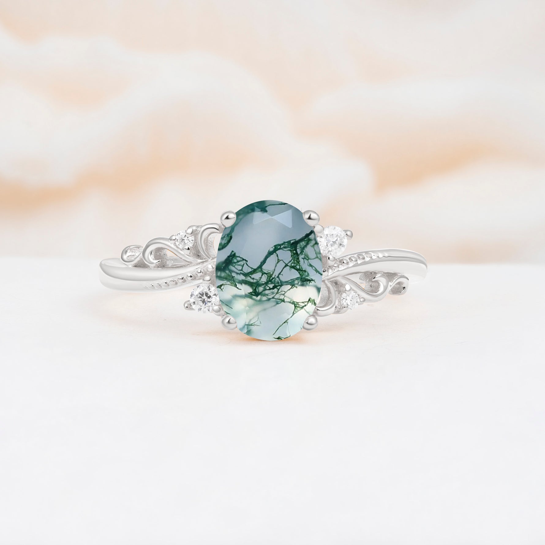 Romantic Oval Cut Twisted Scroll Side Stone Moss Agate Engagement Ring - Additional view