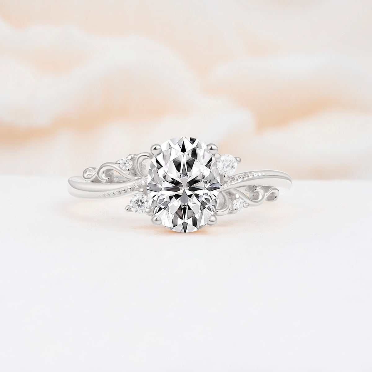 Romantic Oval Cut Twisted Scroll Side Stone Lab Diamond Engagement Ring - Additional view