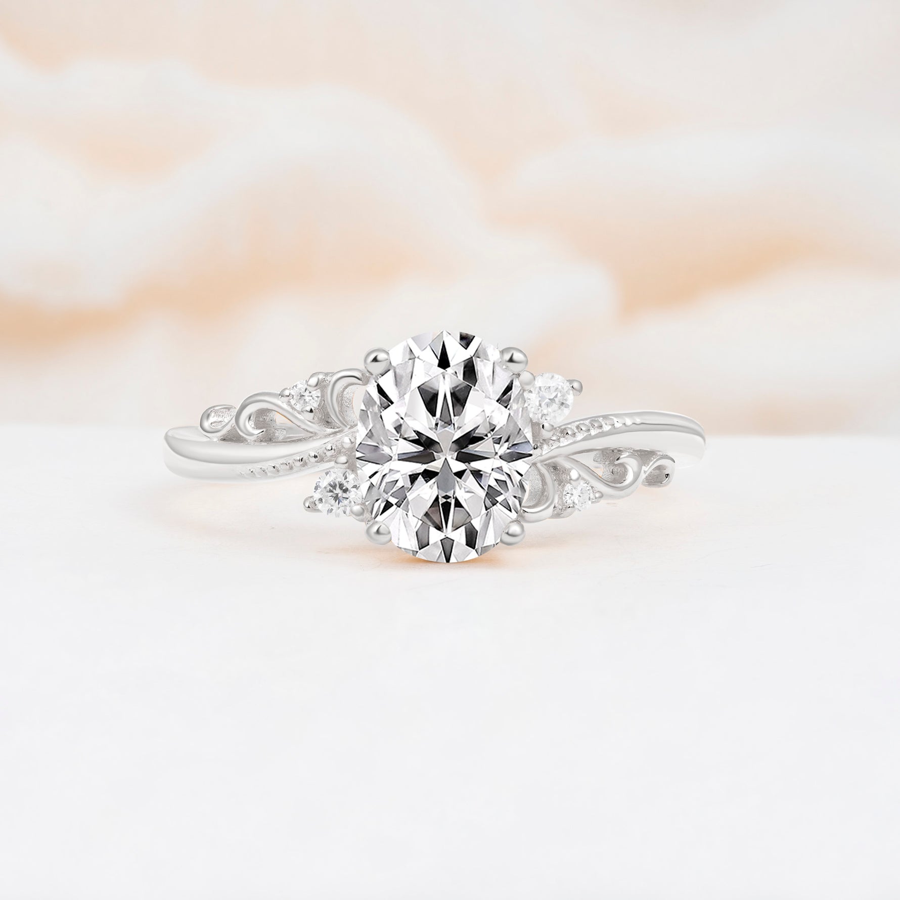 Romantic Oval Cut Twisted Scroll Side Stone Lab Diamond Engagement Ring - Additional view