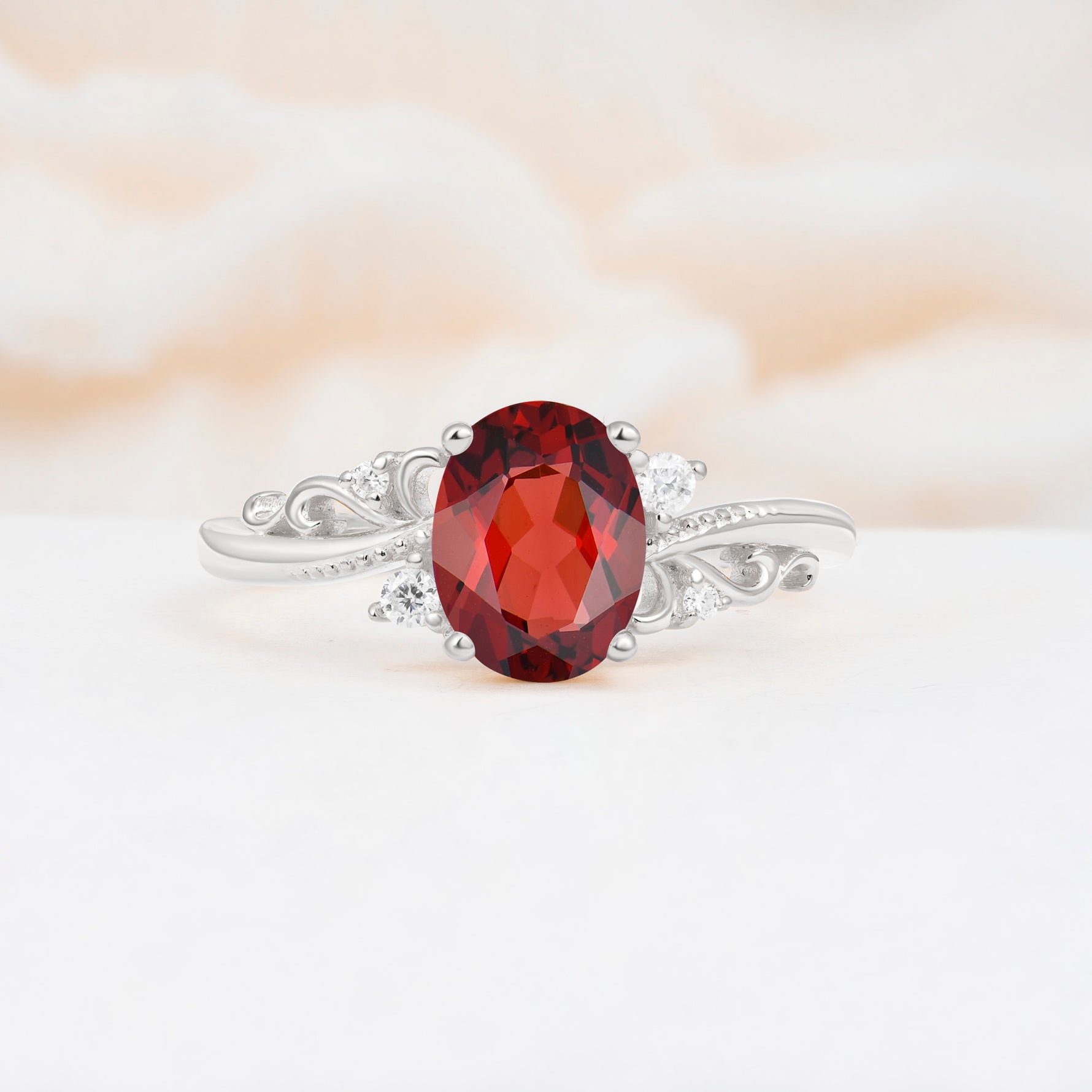 Romantic Oval Cut Twisted Scroll Side Stone Garnet Engagement Ring - Additional view