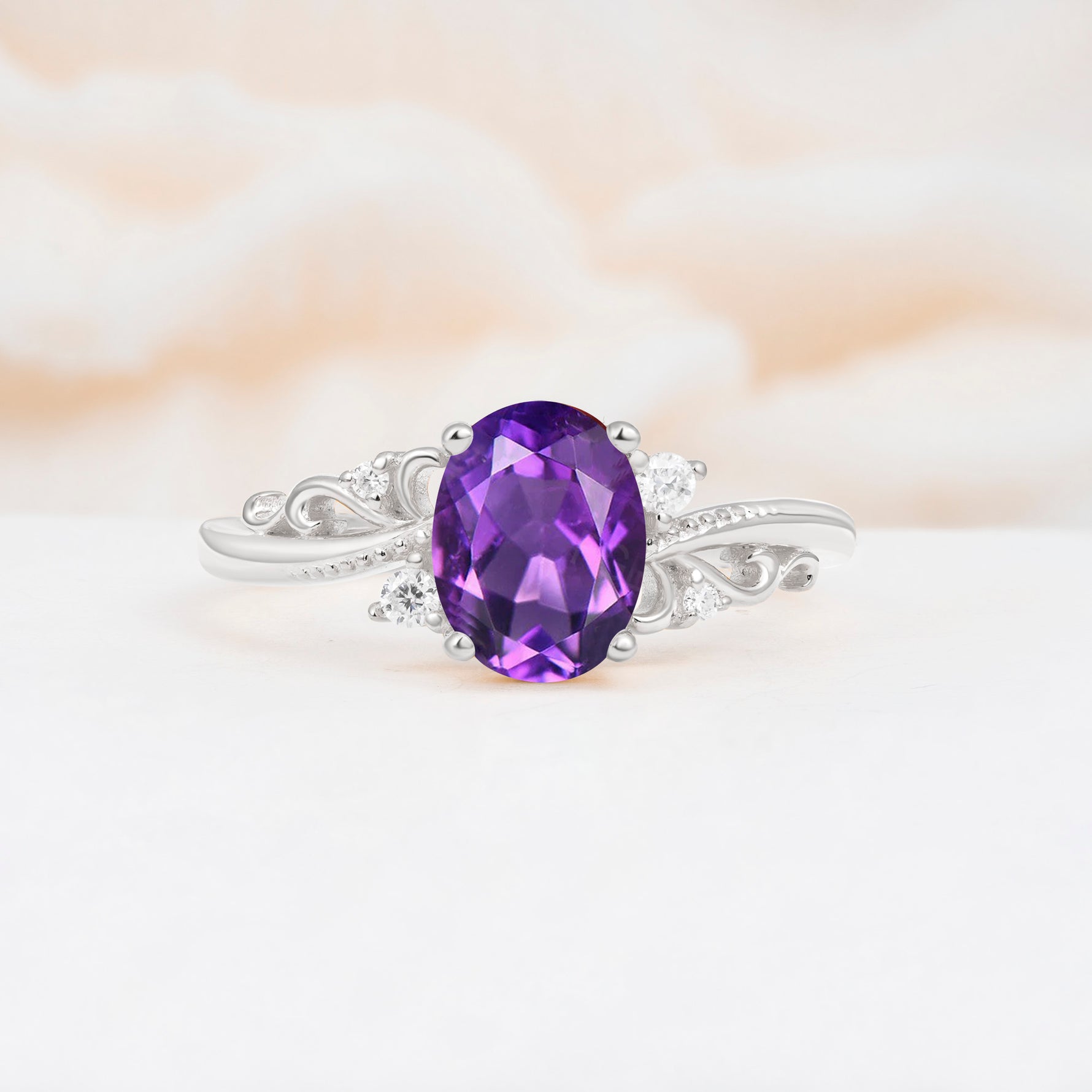 Romantic Oval Cut Twisted Scroll Side Stone Amethyst Engagement Ring - Additional view