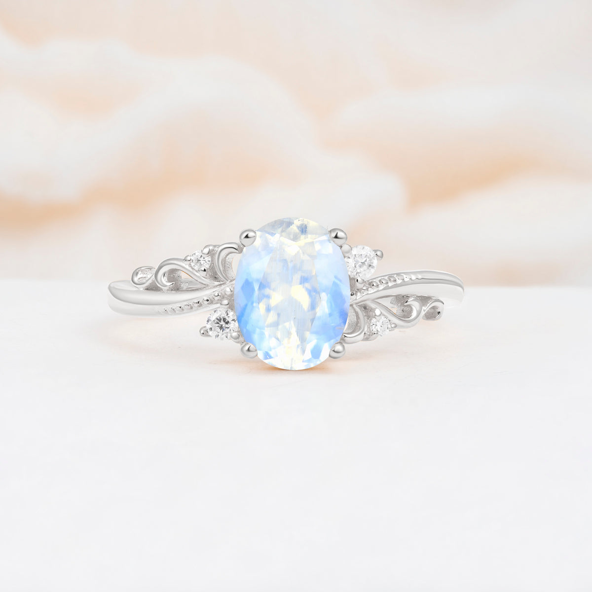 Romantic Oval Cut Twisted Scroll Side Stone Moonstone Engagement Ring - Additional view