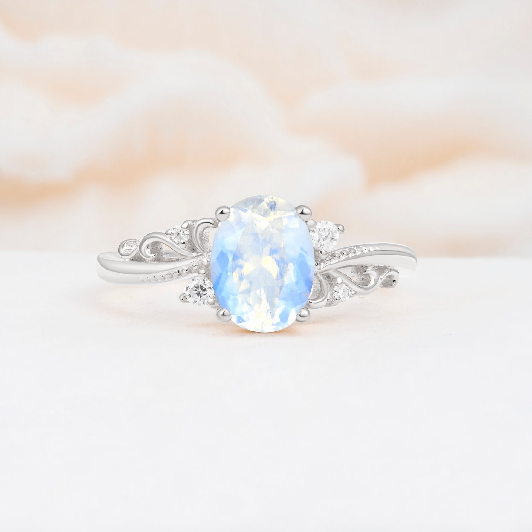 Romantic Oval Cut Twisted Scroll Side Stone Moonstone Engagement Ring - Additional view