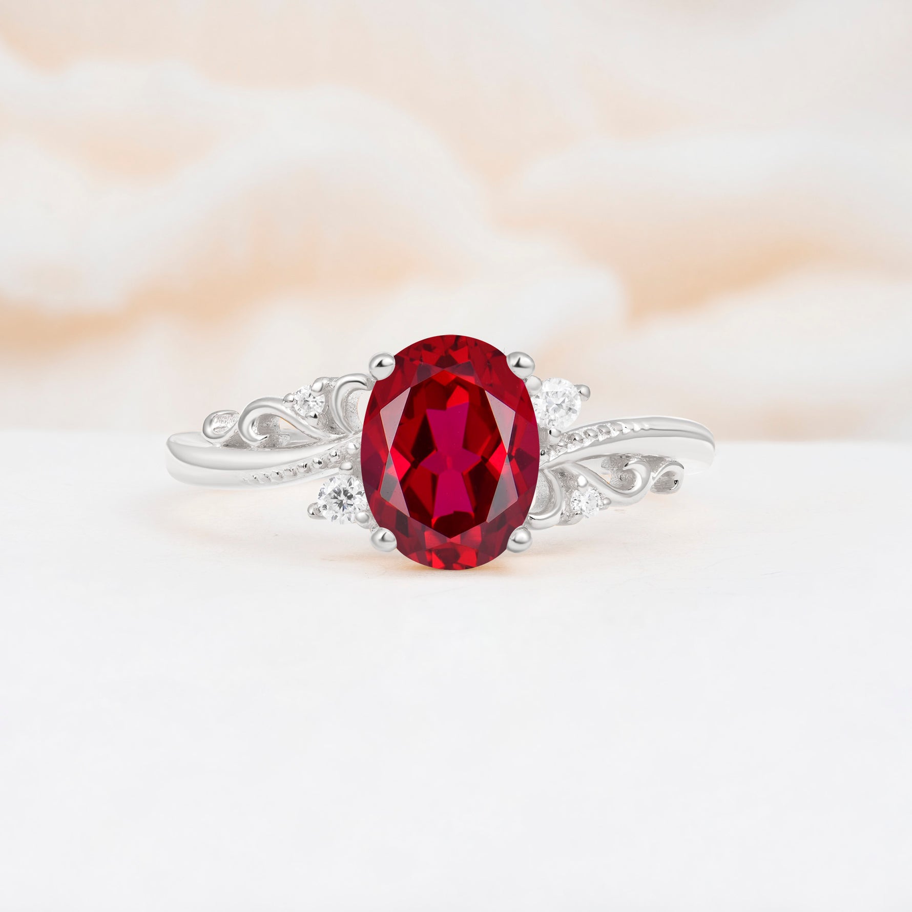 Romantic Oval Cut Twisted Scroll Side Stone Ruby Engagement Ring - Additional view