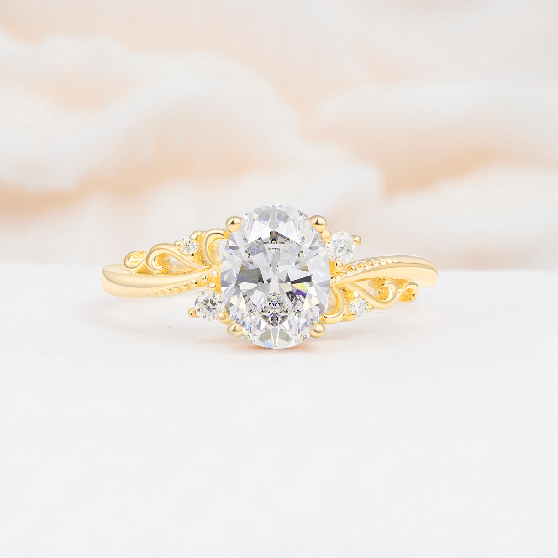 Romantic Oval Cut Twisted Scroll Side Stone Moissanite Engagement Ring - Additional view