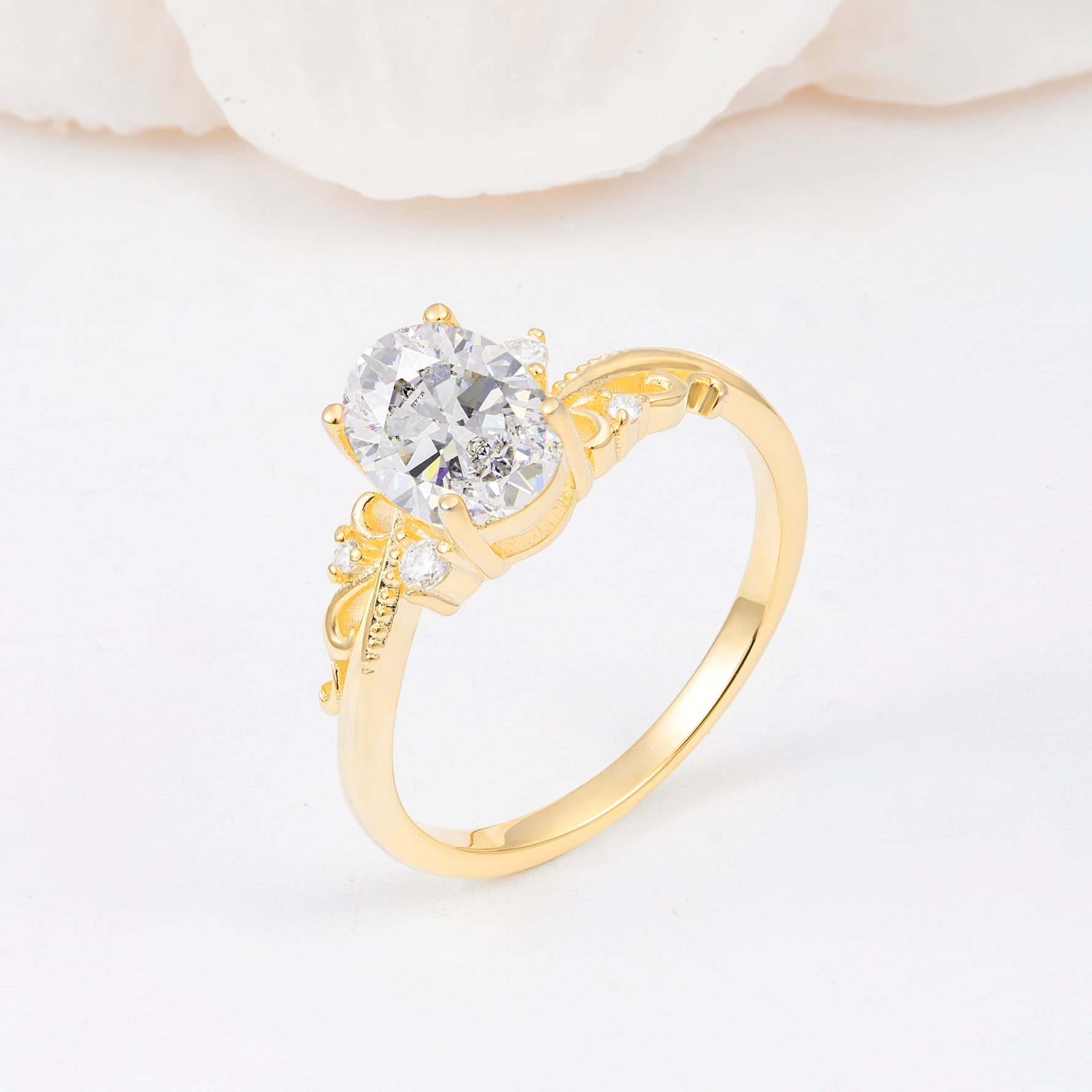 Romantic Oval Cut Twisted Scroll Side Stone Moissanite Engagement Ring - Additional view