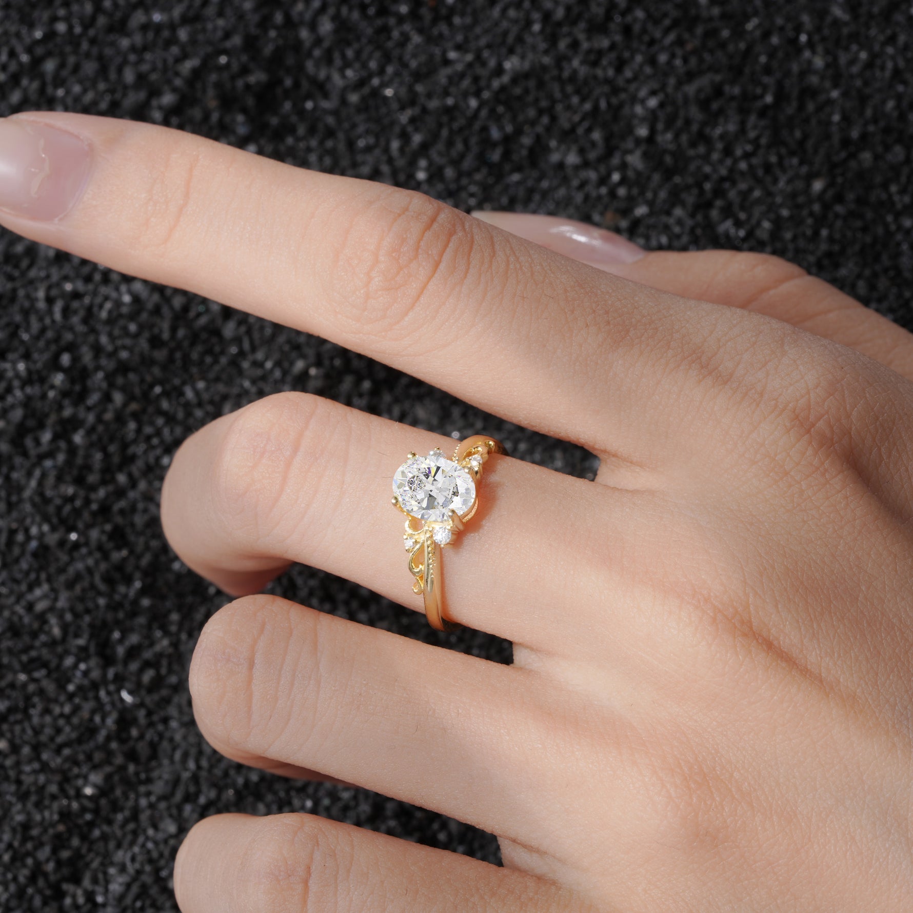 Romantic Oval Cut Twisted Scroll Side Stone Moissanite Engagement Ring - Additional view