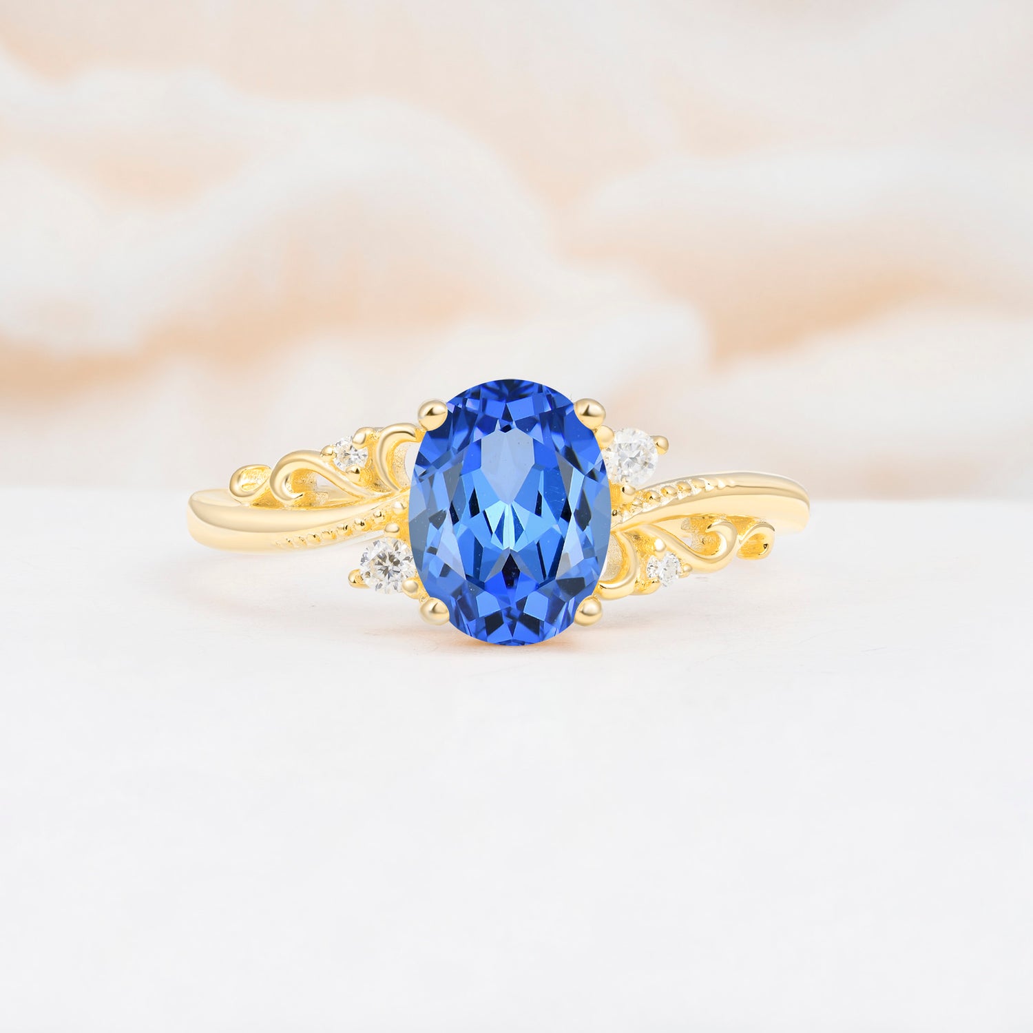 Romantic Oval Cut Twisted Scroll Side Stone Sapphire Engagement Ring - Additional view