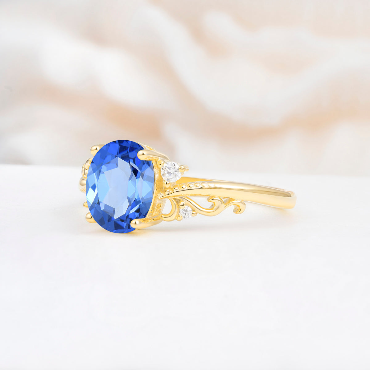 Romantic Oval Cut Twisted Scroll Side Stone Sapphire Engagement Ring - Additional view