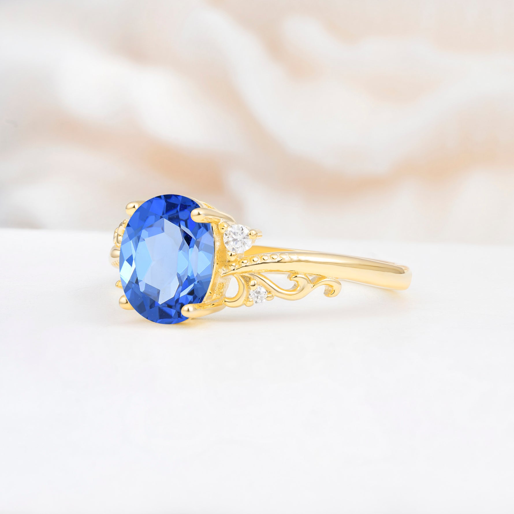 Romantic Oval Cut Twisted Scroll Side Stone Sapphire Engagement Ring - Additional view