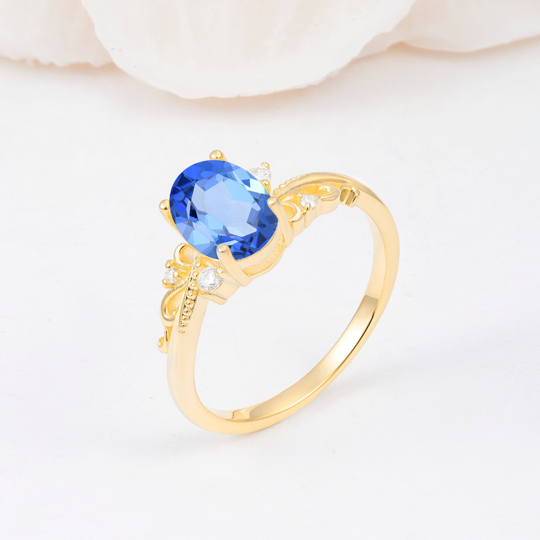 Romantic Oval Cut Twisted Scroll Side Stone Sapphire Engagement Ring - Additional view
