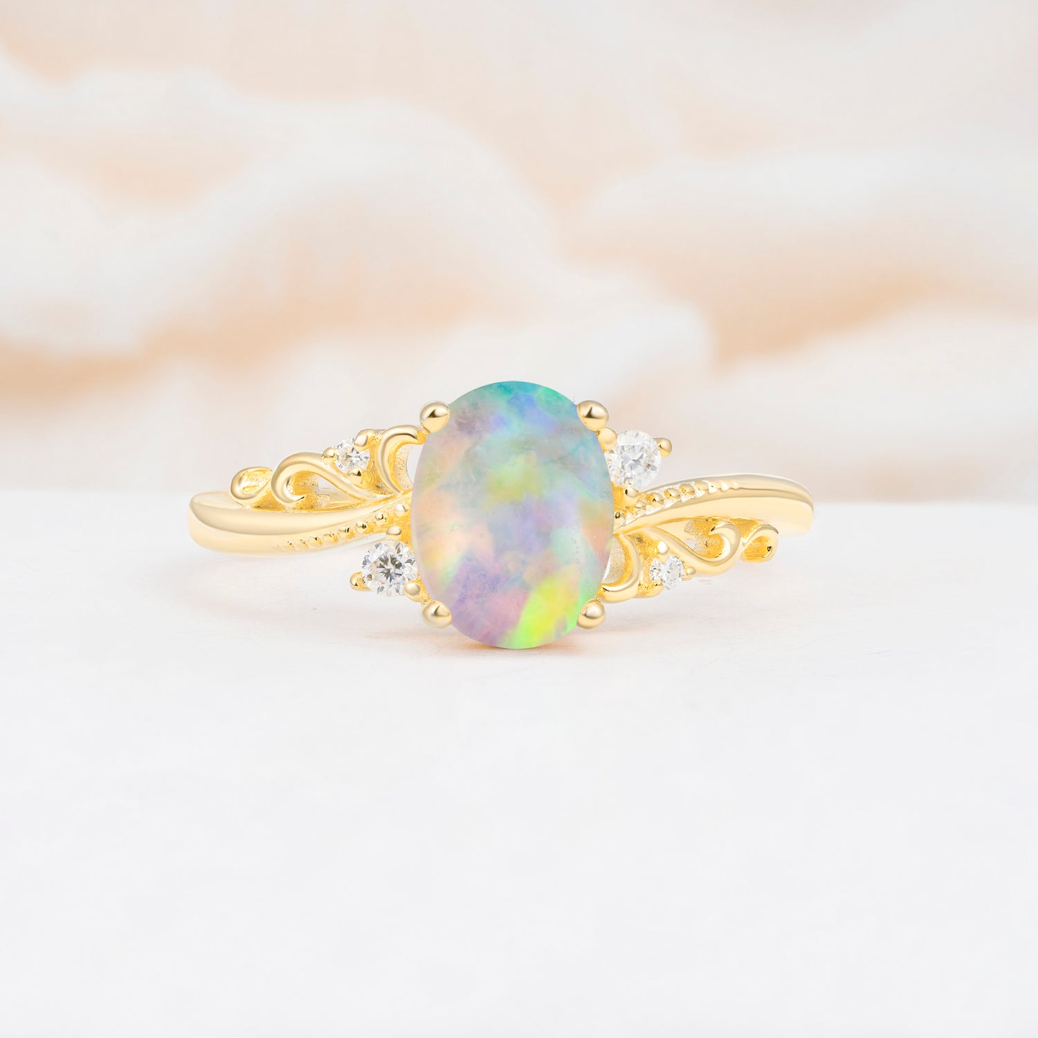 Romantic Oval Cut Twisted Scroll Side Stone Fire Opal Engagement Ring - Additional view