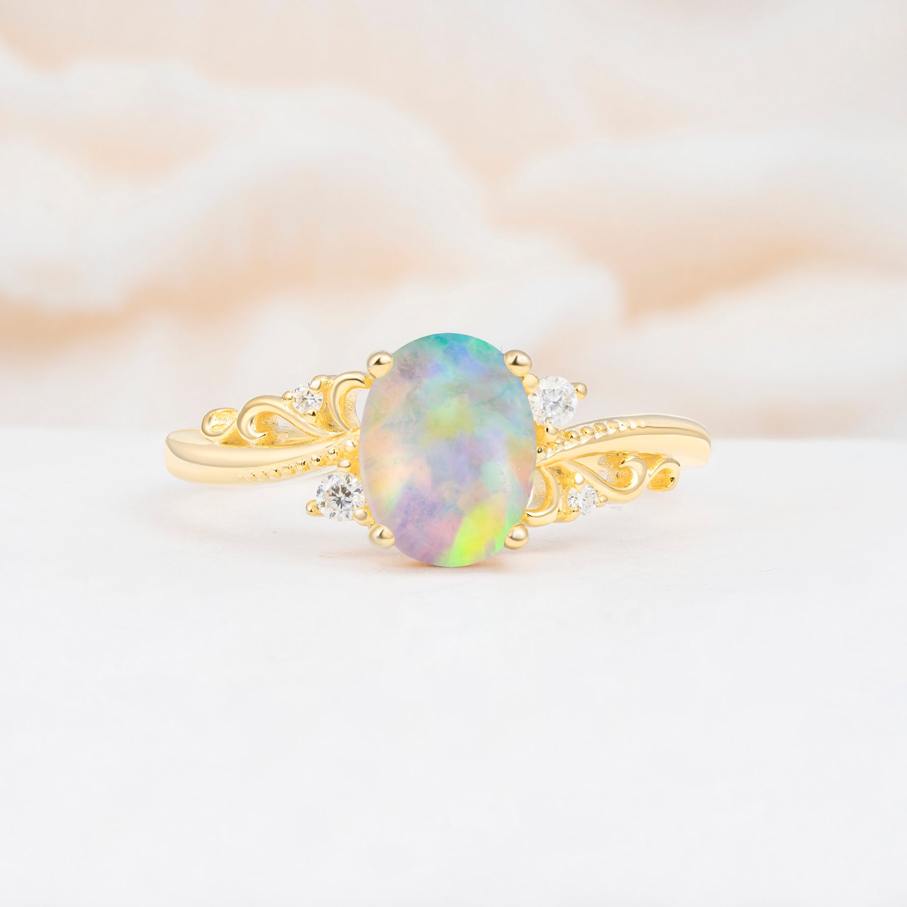 Romantic Oval Cut Twisted Scroll Side Stone Fire Opal Engagement Ring - Additional view