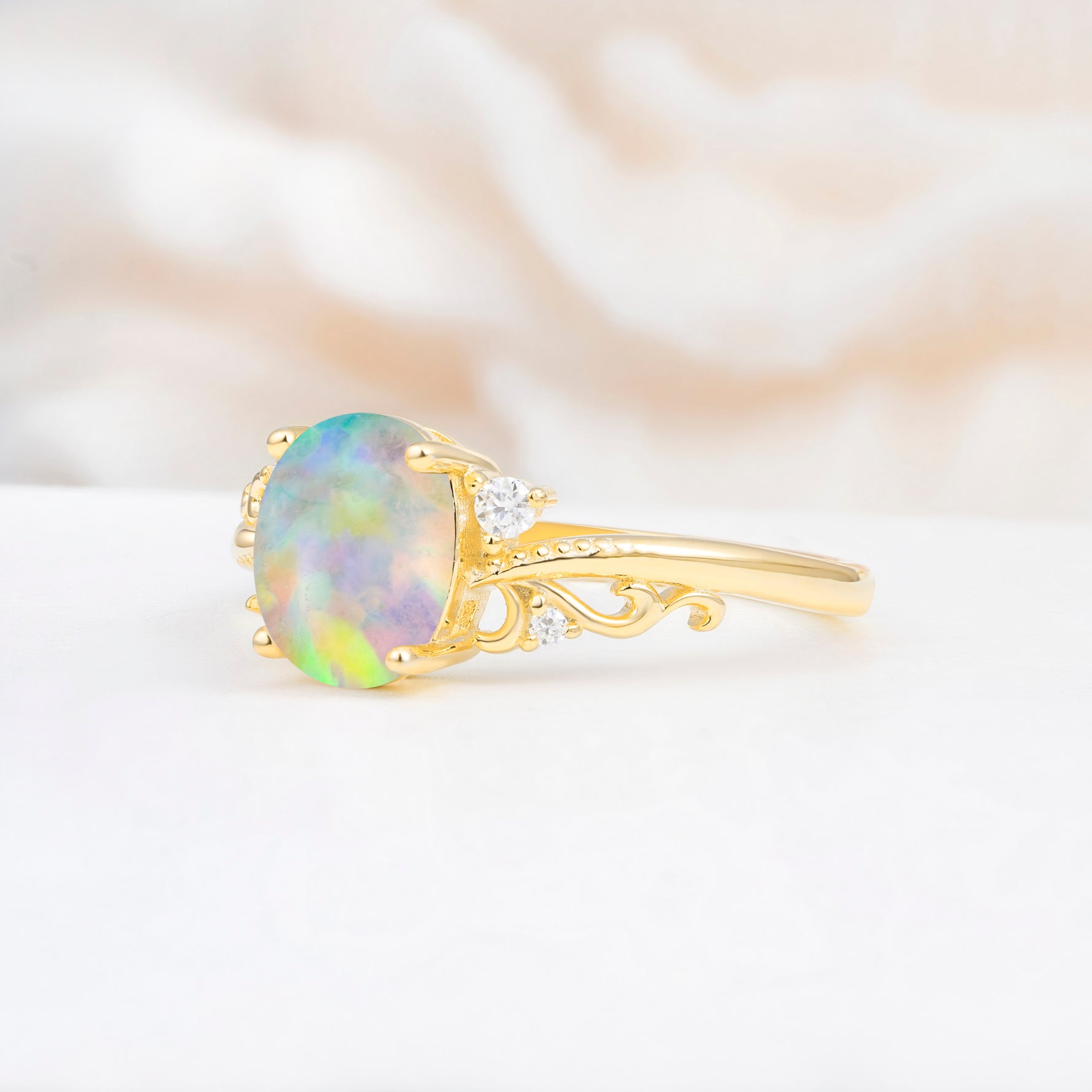 Romantic Oval Cut Twisted Scroll Side Stone Fire Opal Engagement Ring - Additional view
