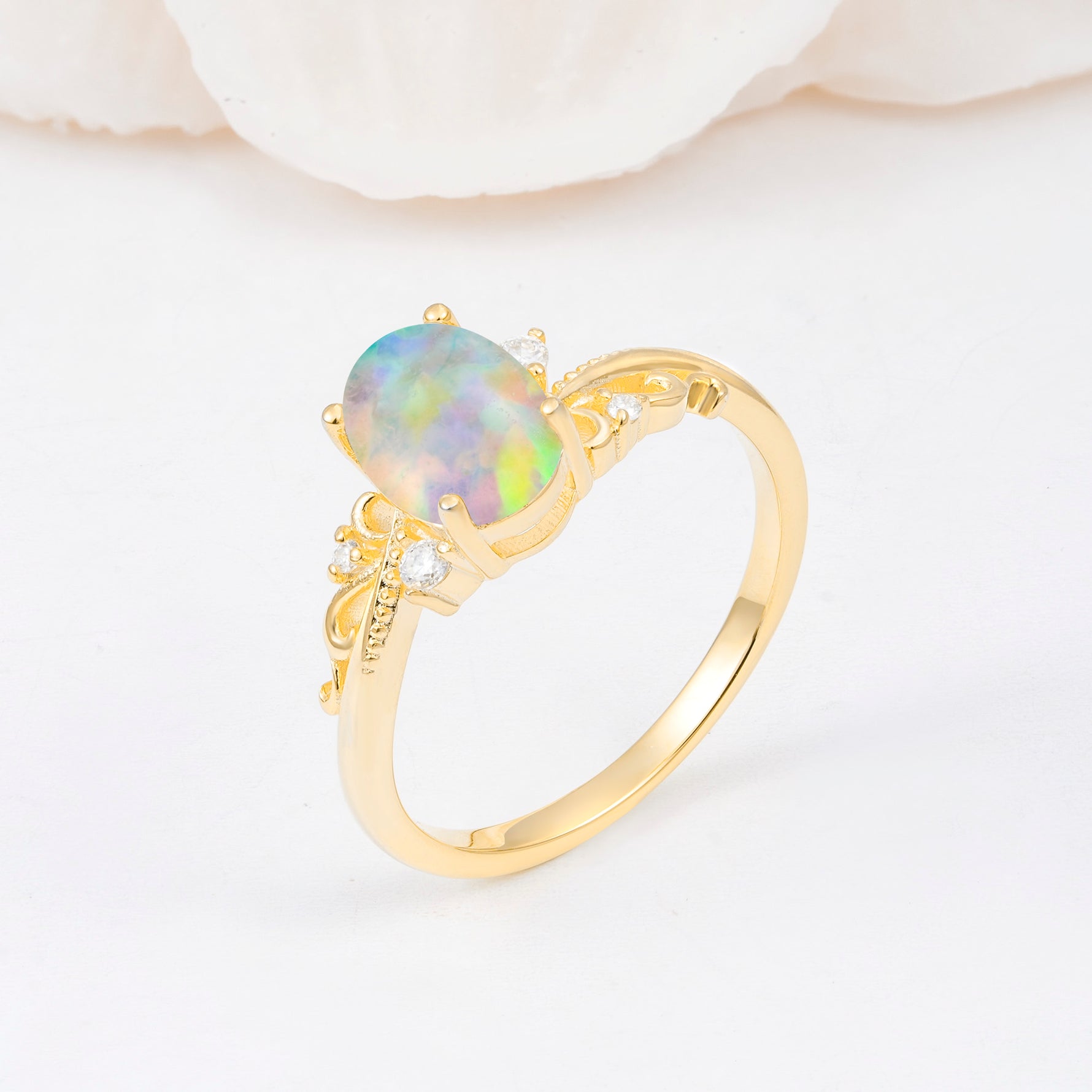 Romantic Oval Cut Twisted Scroll Side Stone Fire Opal Engagement Ring - Additional view