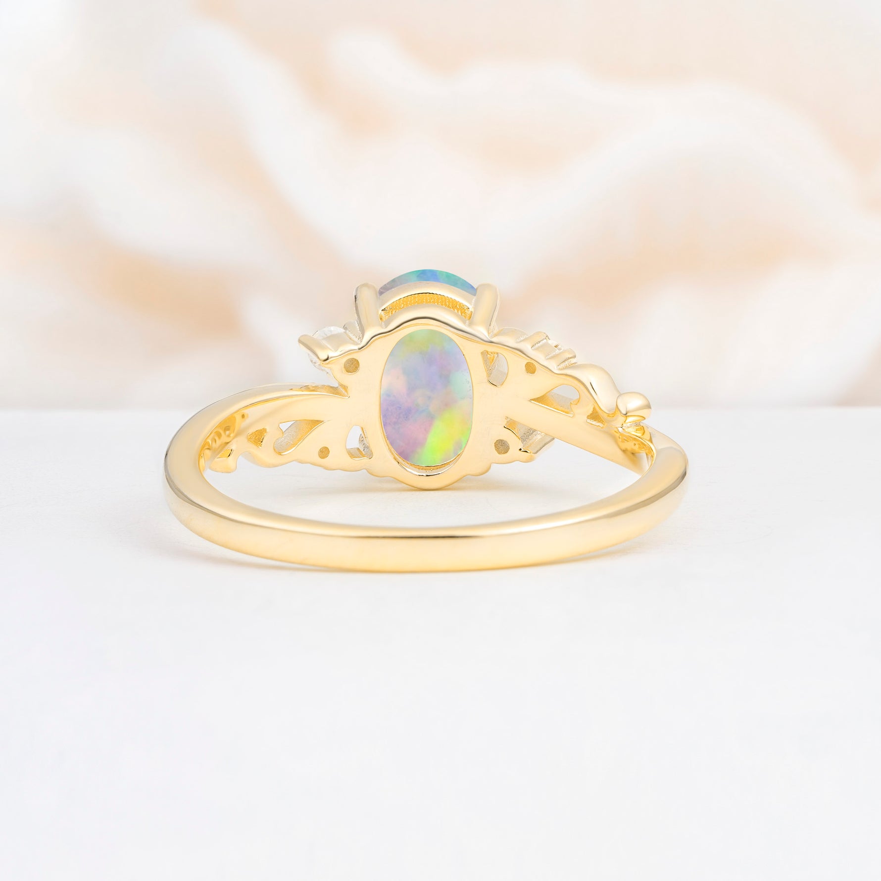 Romantic Oval Cut Twisted Scroll Side Stone Fire Opal Engagement Ring - Additional view