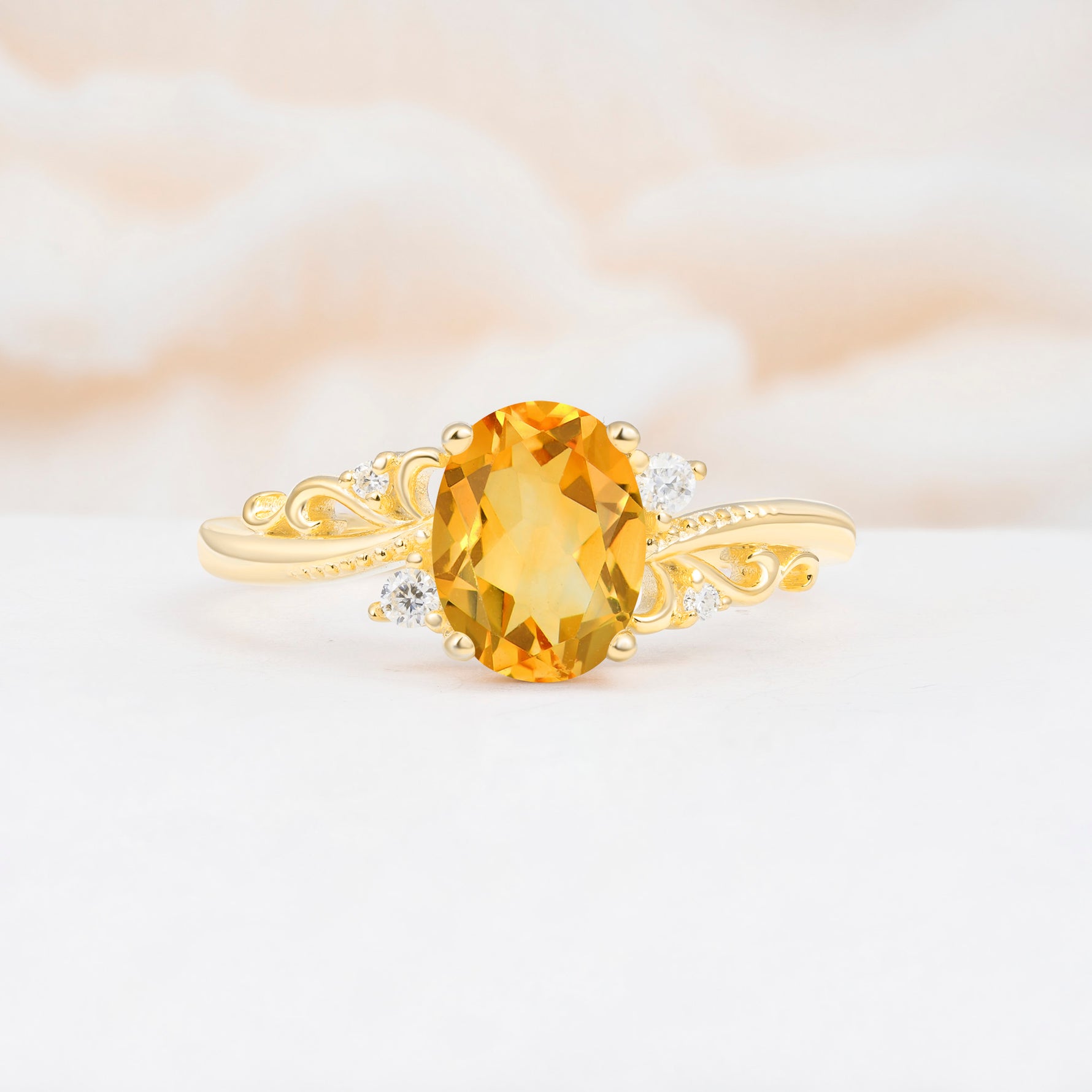 Romantic Oval Cut Twisted Scroll Side Stone Citrine Engagement Ring - Additional view