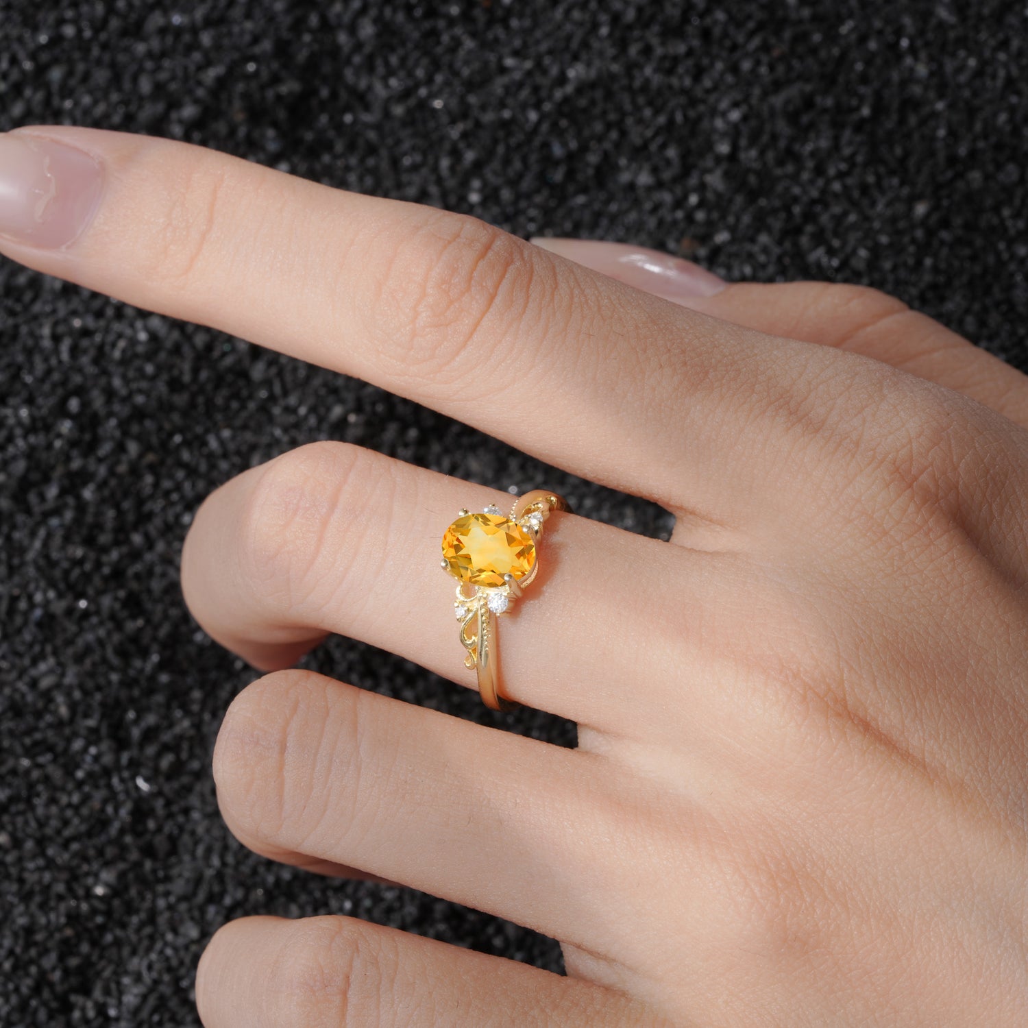 Romantic Oval Cut Twisted Scroll Side Stone Citrine Engagement Ring - Additional view