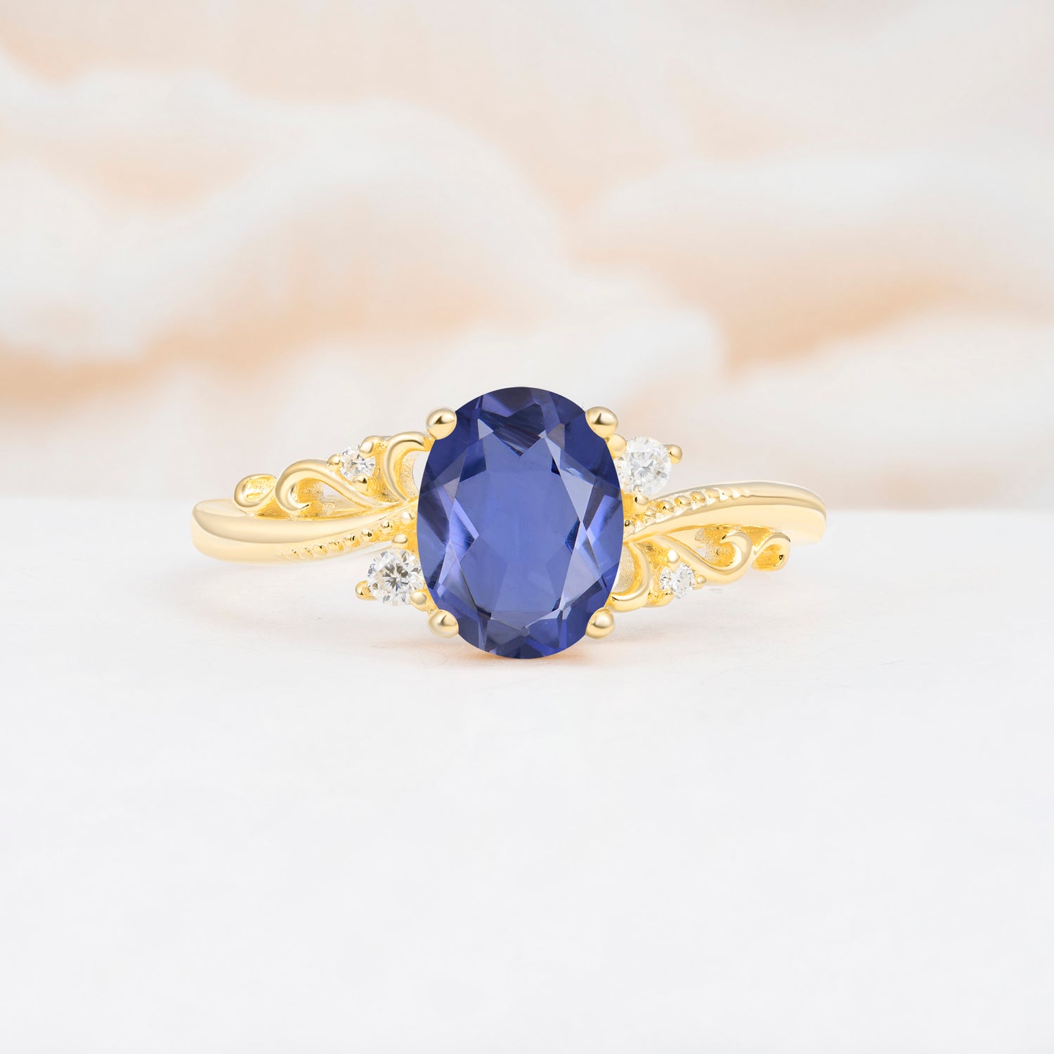 Romantic Oval Cut Twisted Scroll Side Stone Tanzanite Engagement Ring - Additional view
