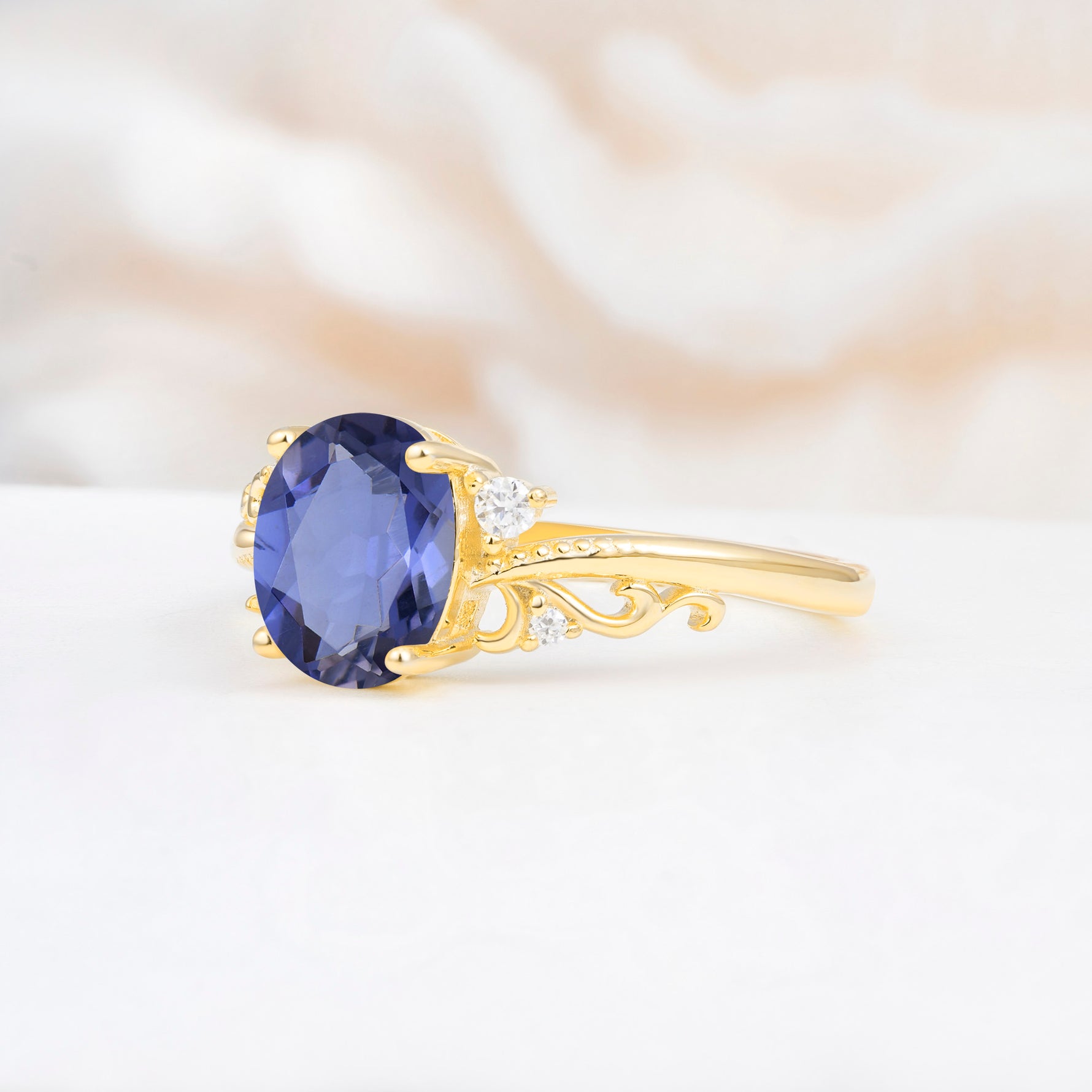 Romantic Oval Cut Twisted Scroll Side Stone Tanzanite Engagement Ring - Additional view