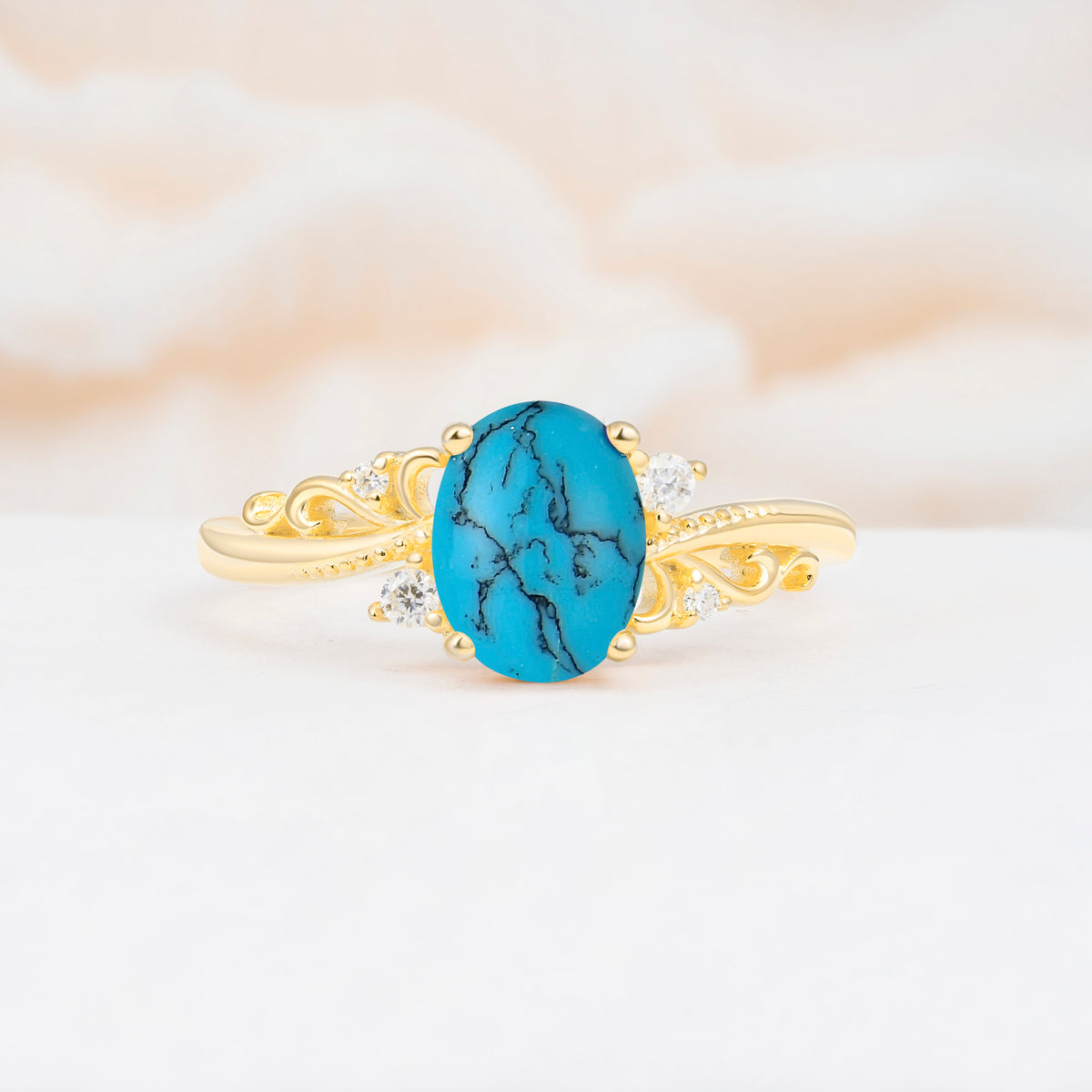 Romantic Oval Cut Twisted Scroll Side Stone Turquoise Engagement Ring - Additional view