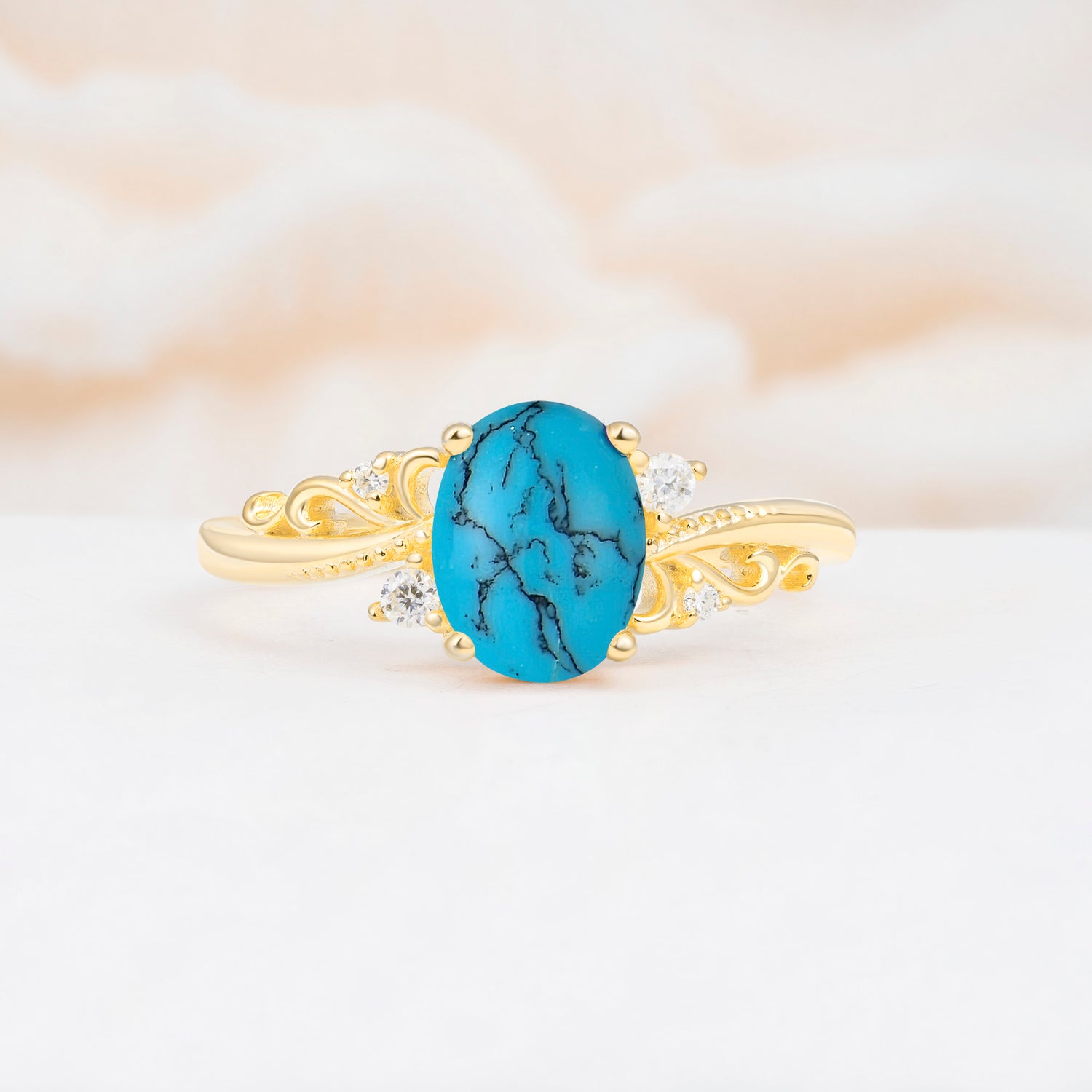 Romantic Oval Cut Twisted Scroll Side Stone Turquoise Engagement Ring - Additional view