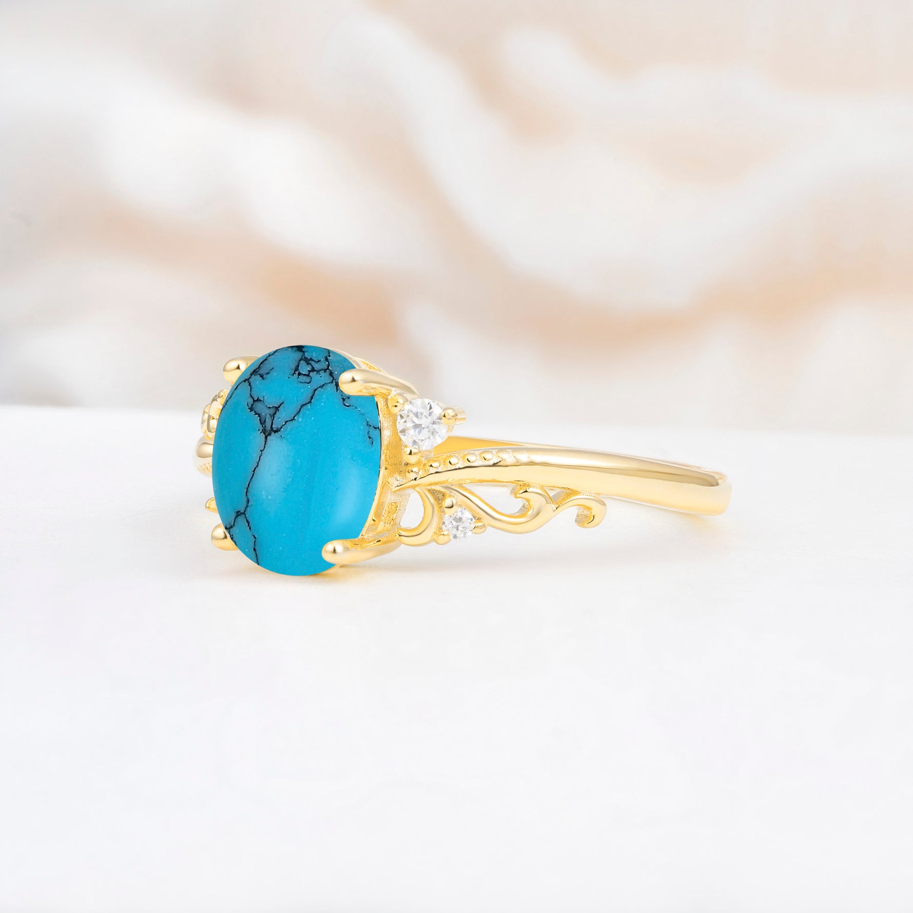 Romantic Oval Cut Twisted Scroll Side Stone Turquoise Engagement Ring - Additional view