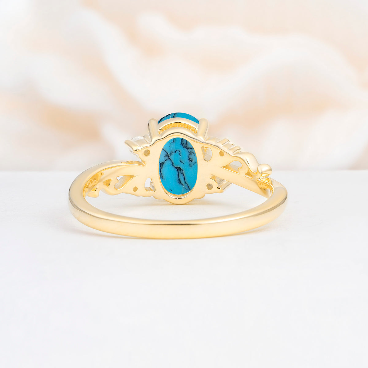 Romantic Oval Cut Twisted Scroll Side Stone Turquoise Engagement Ring - Additional view