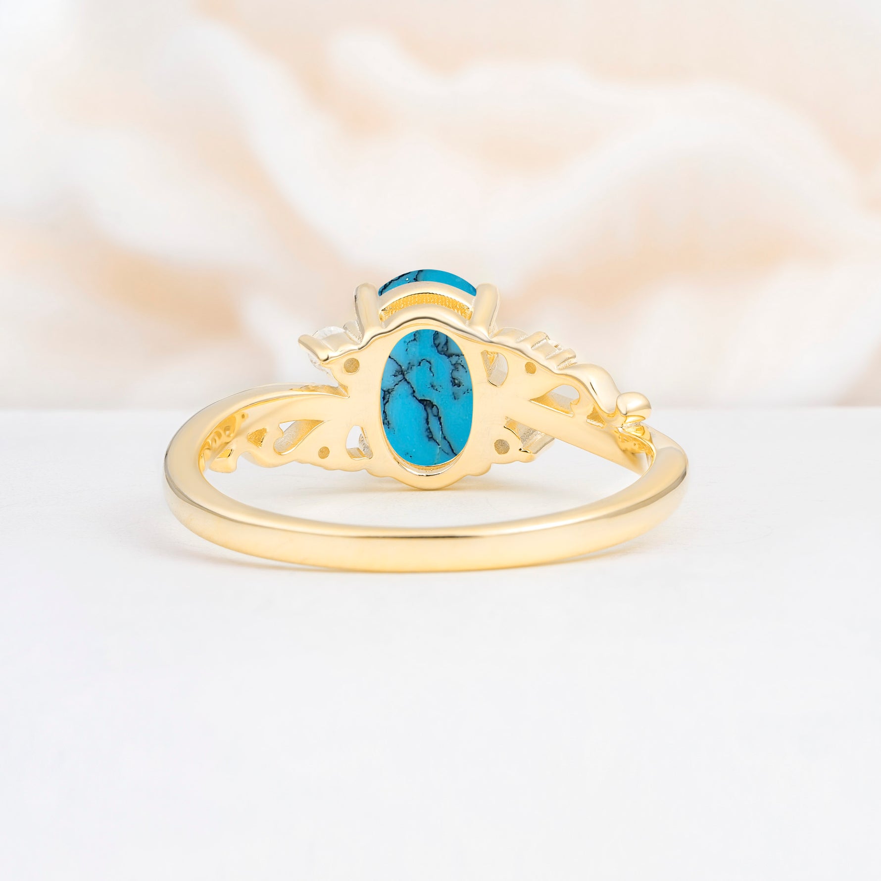 Romantic Oval Cut Twisted Scroll Side Stone Turquoise Engagement Ring - Additional view