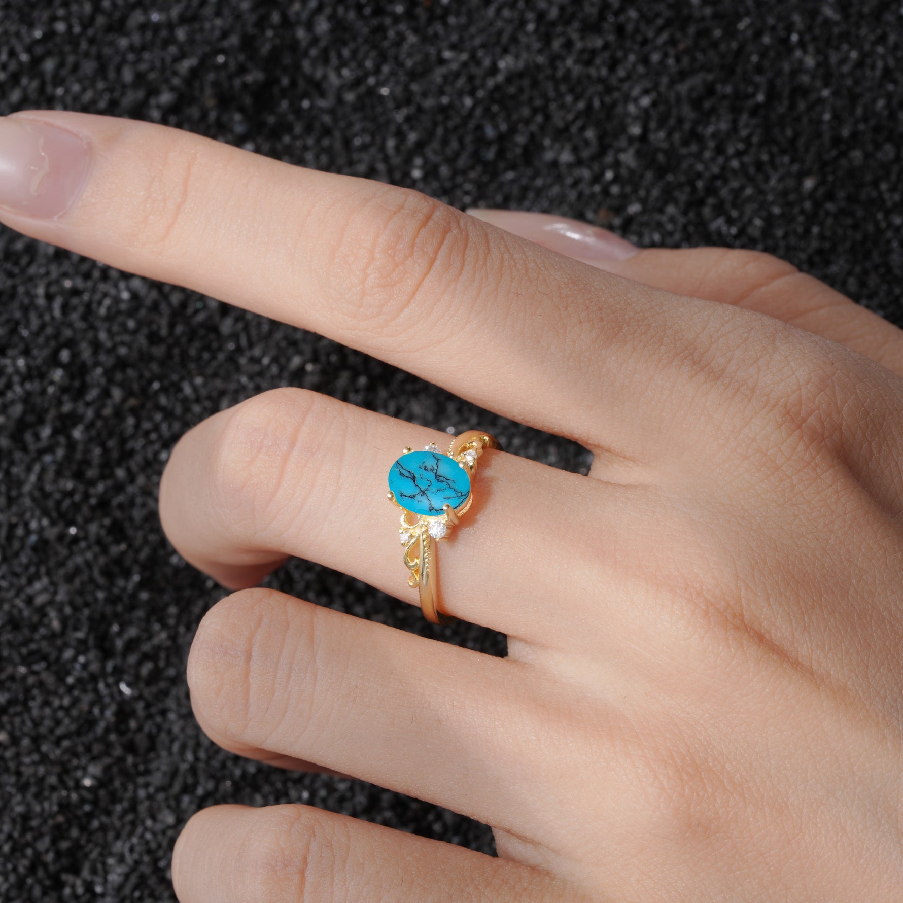 Romantic Oval Cut Twisted Scroll Side Stone Turquoise Engagement Ring - Additional view