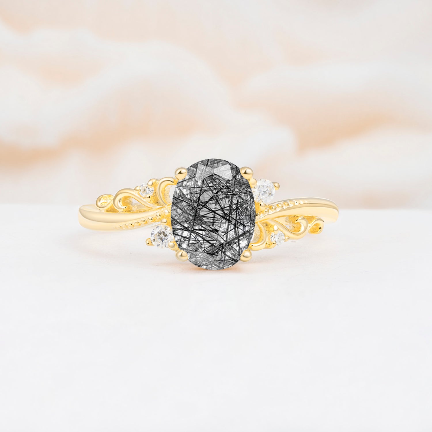 Romantic Oval Cut Twisted Scroll Side Stone Black Rutilated Quartz Engagement Ring - Additional view
