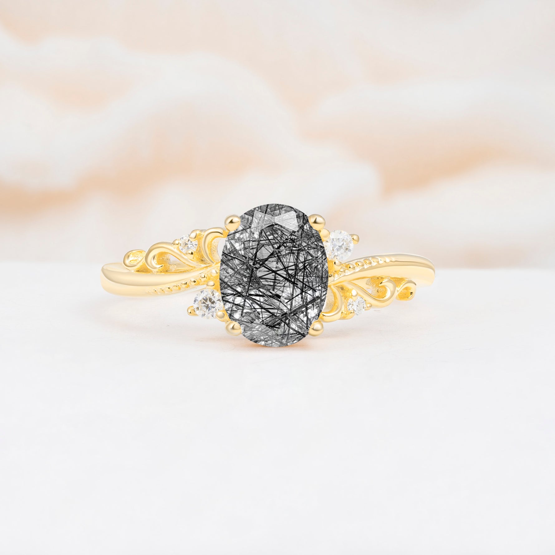 Romantic Oval Cut Twisted Scroll Side Stone Black Rutilated Quartz Engagement Ring - Additional view