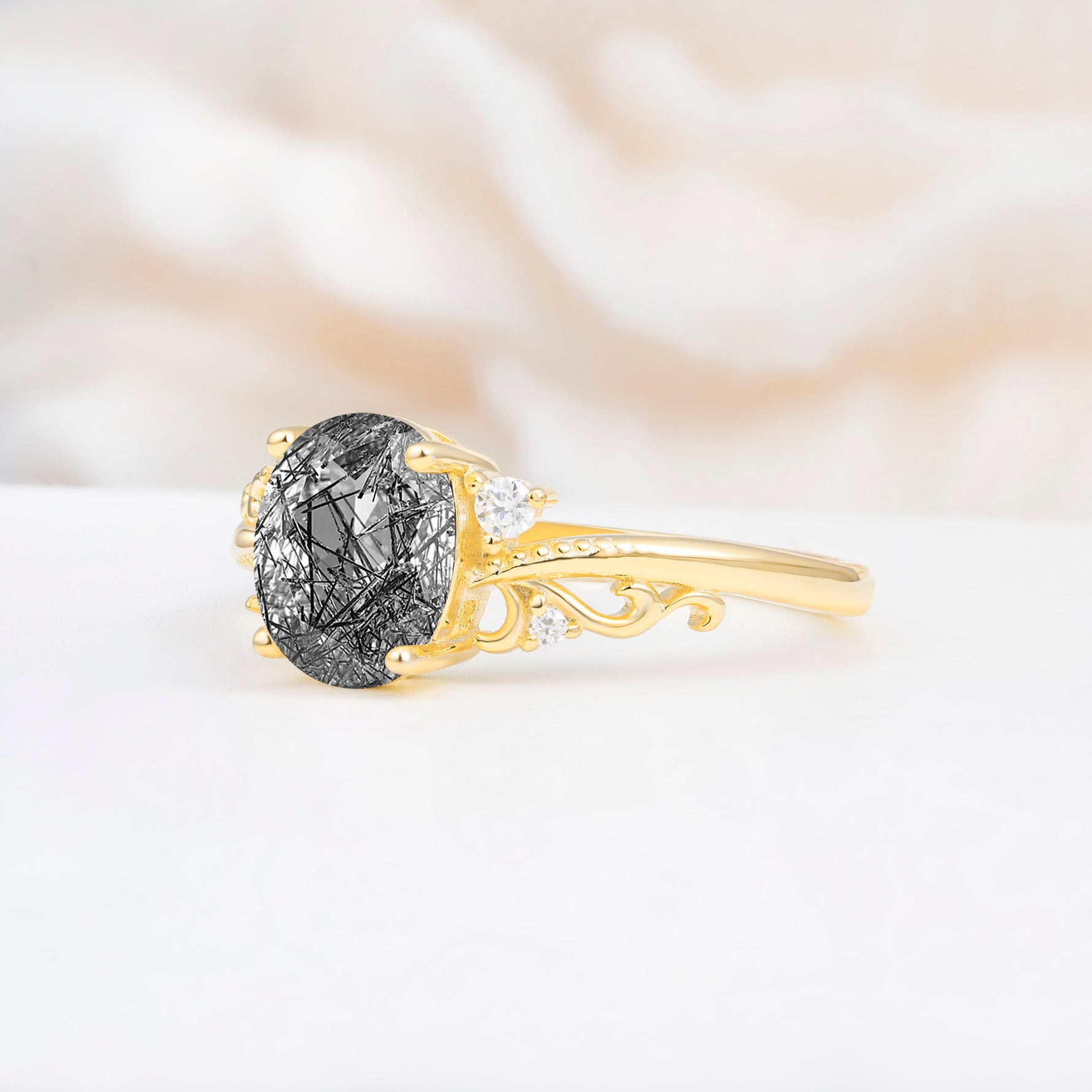 Romantic Oval Cut Twisted Scroll Side Stone Black Rutilated Quartz Engagement Ring - Additional view
