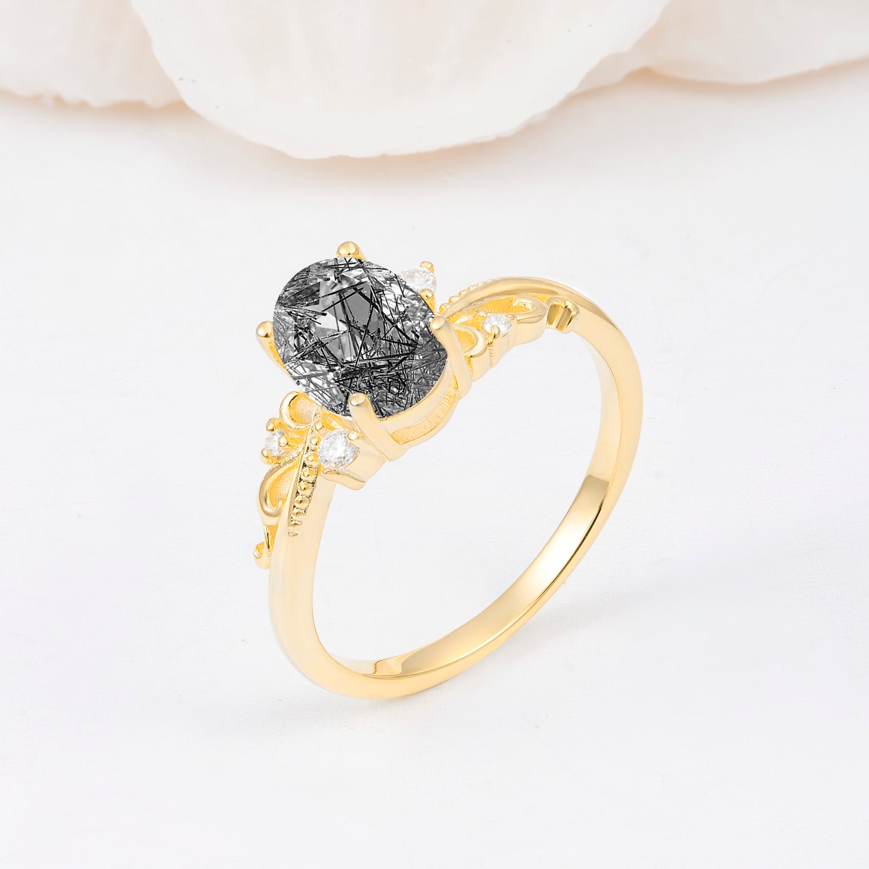 Romantic Oval Cut Twisted Scroll Side Stone Black Rutilated Quartz Engagement Ring - Additional view