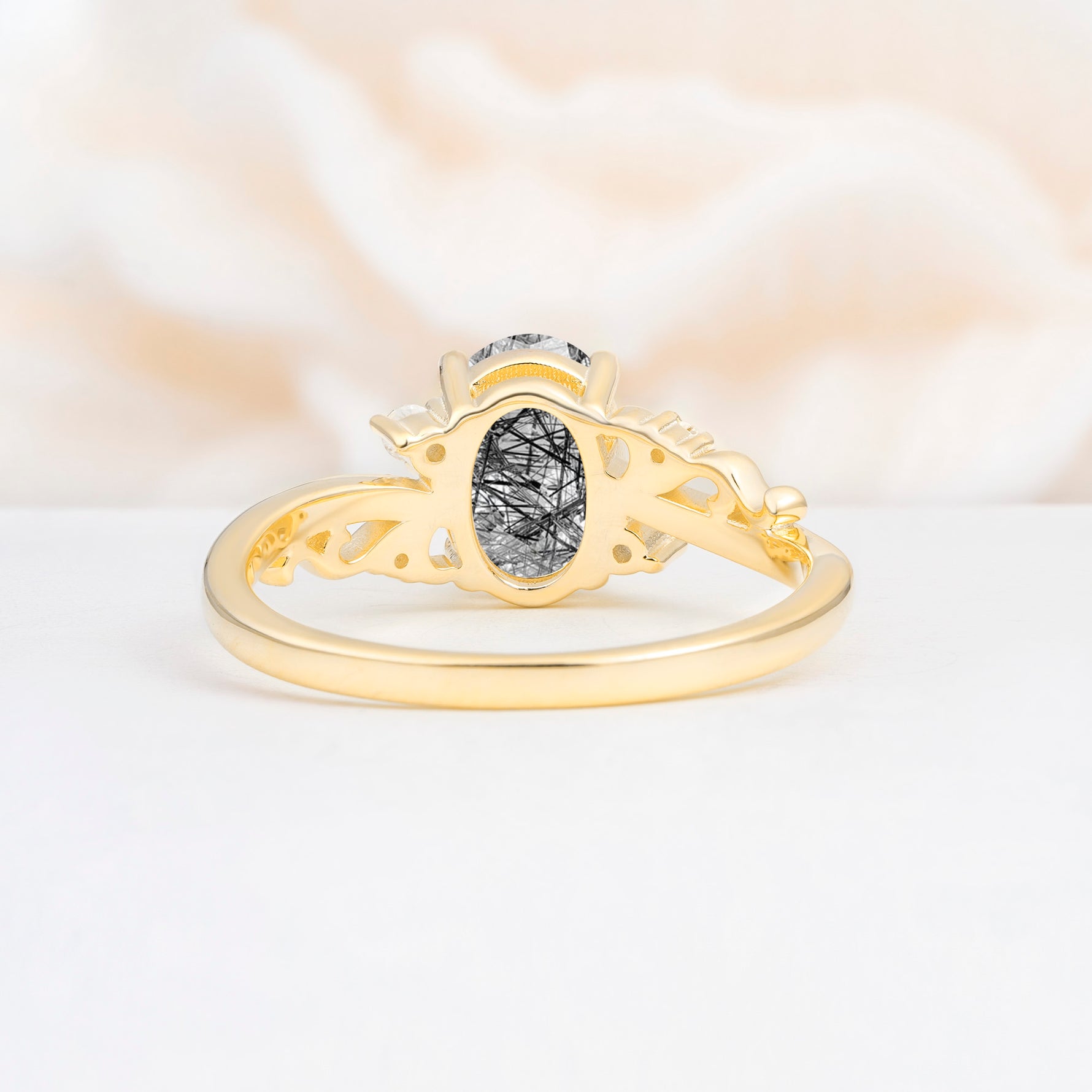 Romantic Oval Cut Twisted Scroll Side Stone Black Rutilated Quartz Engagement Ring - Additional view
