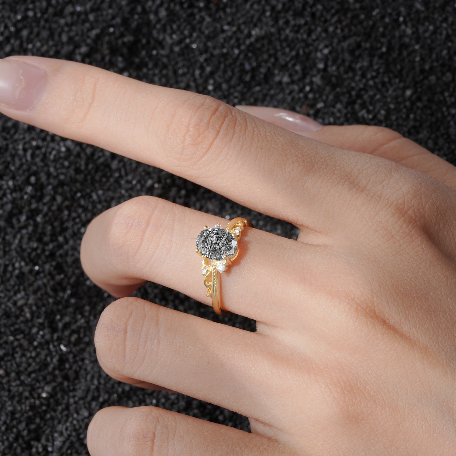 Romantic Oval Cut Twisted Scroll Side Stone Black Rutilated Quartz Engagement Ring - Additional view