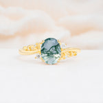Romantic Oval Cut Twisted Scroll Side Stone Moss Agate Engagement Ring - Additional view