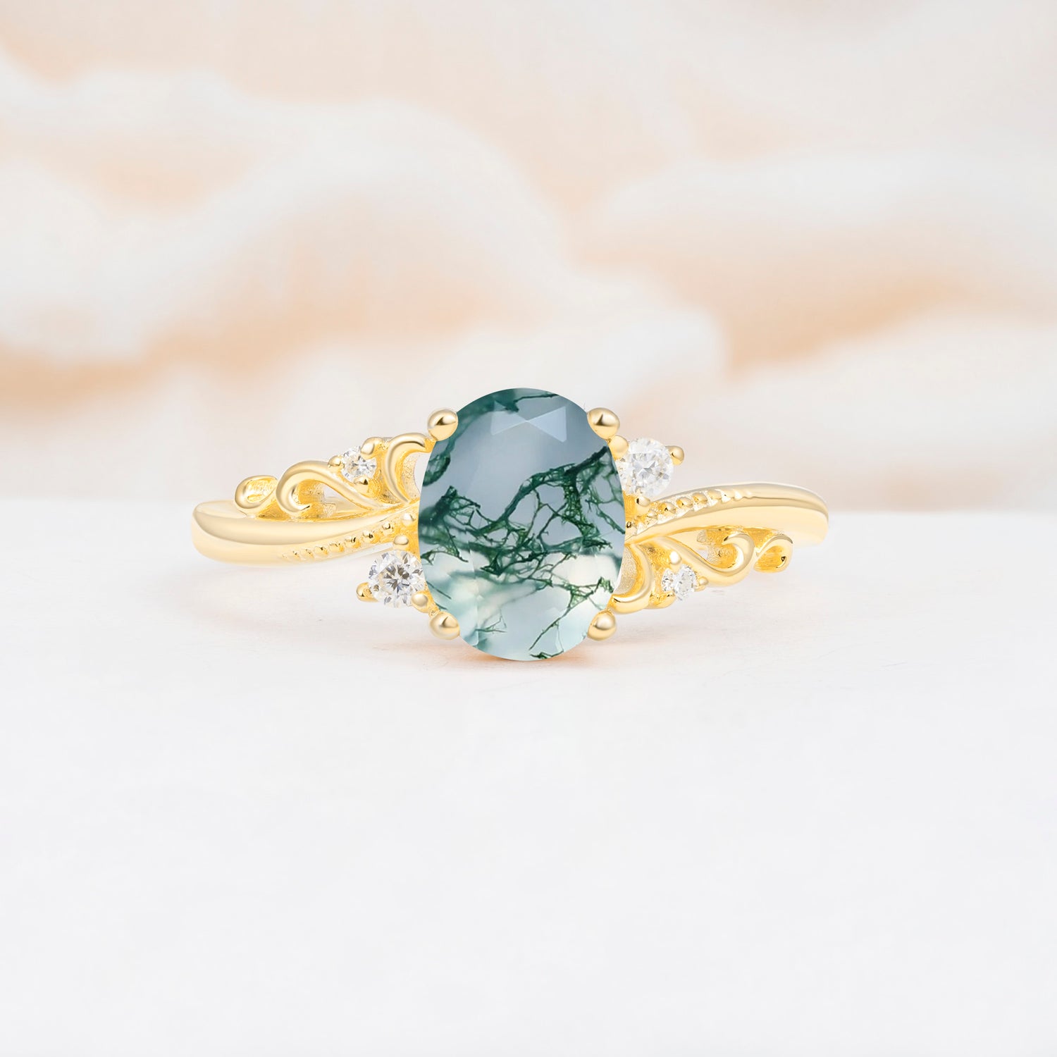 Romantic Oval Cut Twisted Scroll Side Stone Moss Agate Engagement Ring - Additional view
