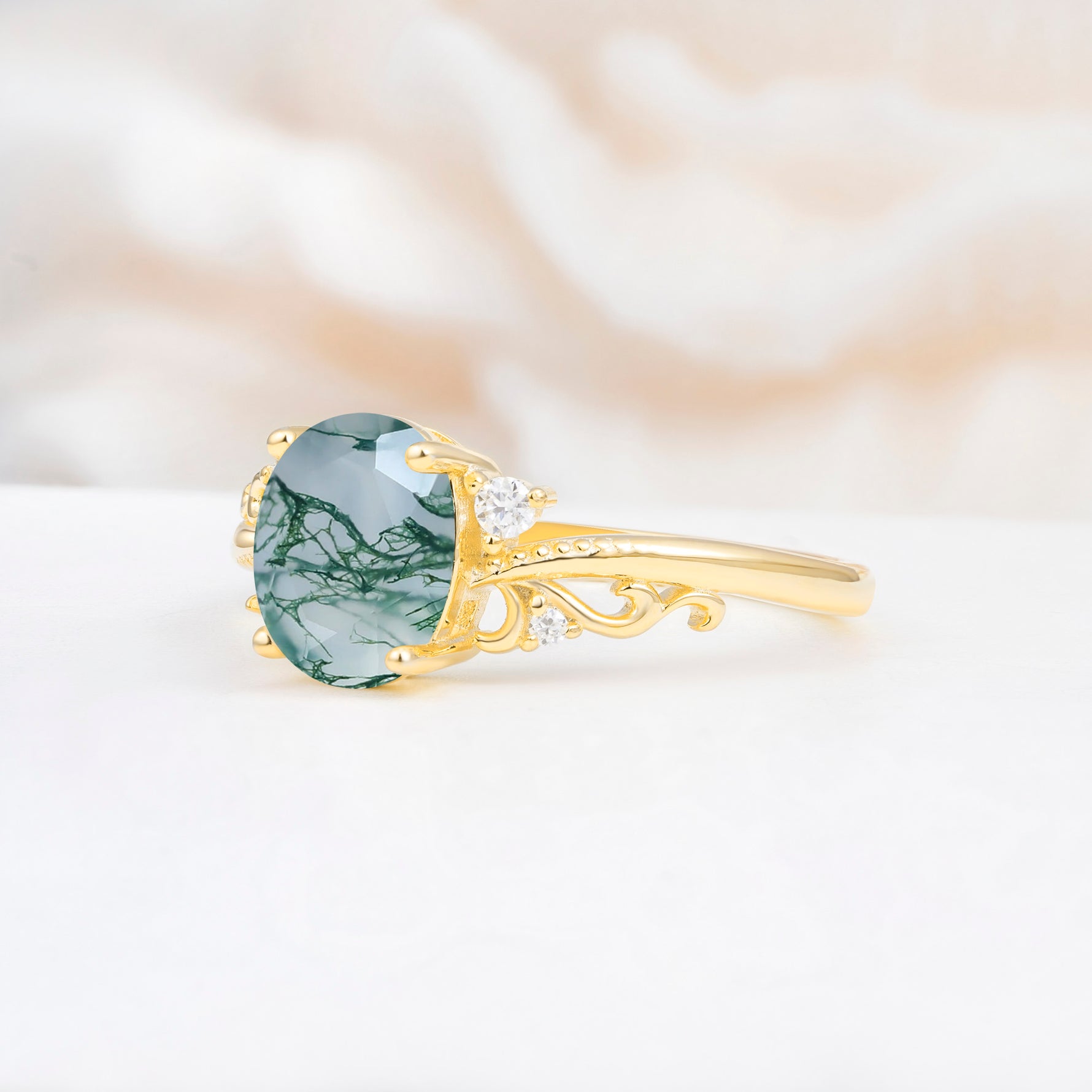 Romantic Oval Cut Twisted Scroll Side Stone Moss Agate Engagement Ring - Additional view