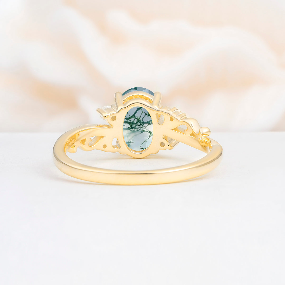 Romantic Oval Cut Twisted Scroll Side Stone Moss Agate Engagement Ring - Additional view