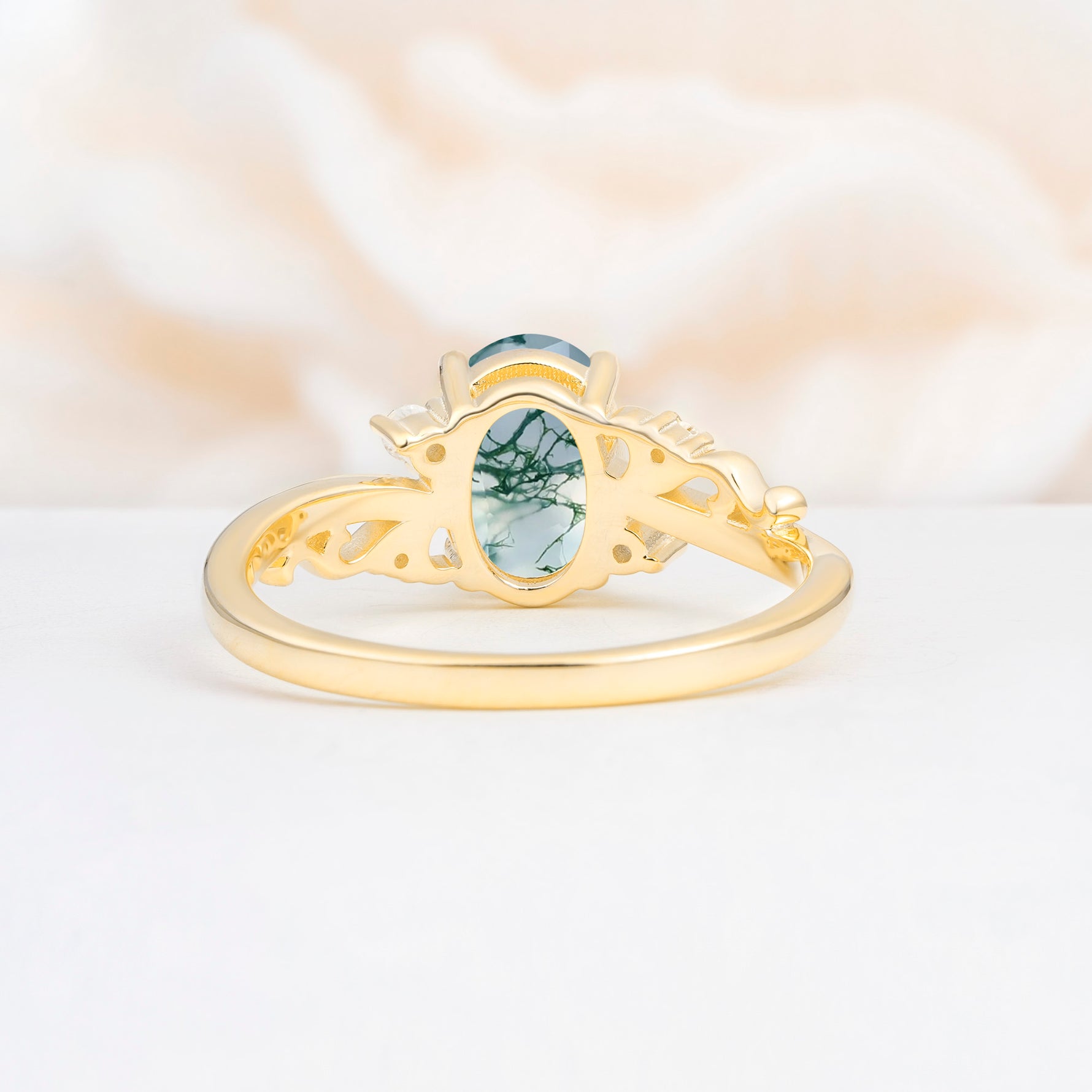 Romantic Oval Cut Twisted Scroll Side Stone Moss Agate Engagement Ring - Additional view