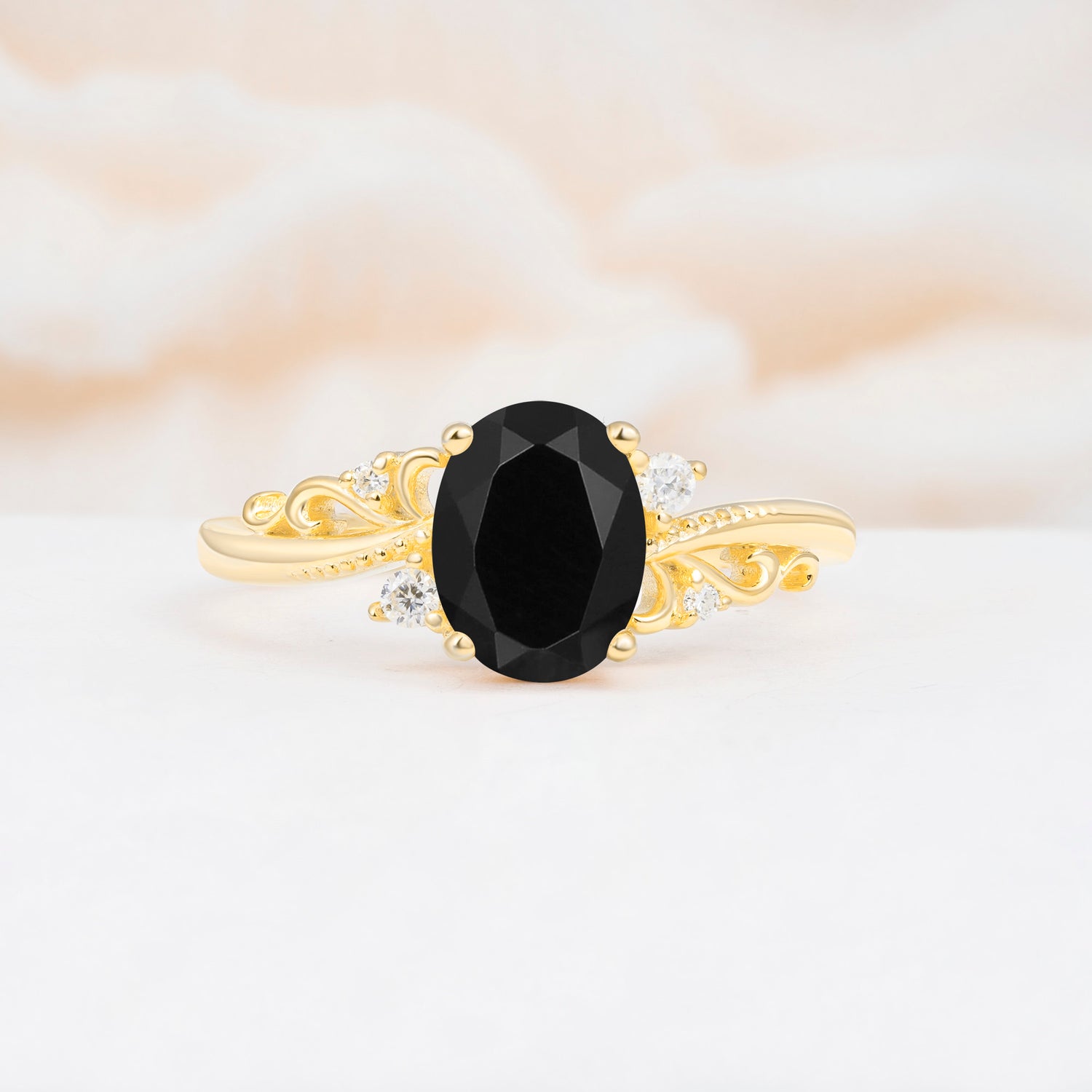 Romantic Oval Cut Twisted Scroll Side Stone Black Onyx Engagement Ring - Additional view