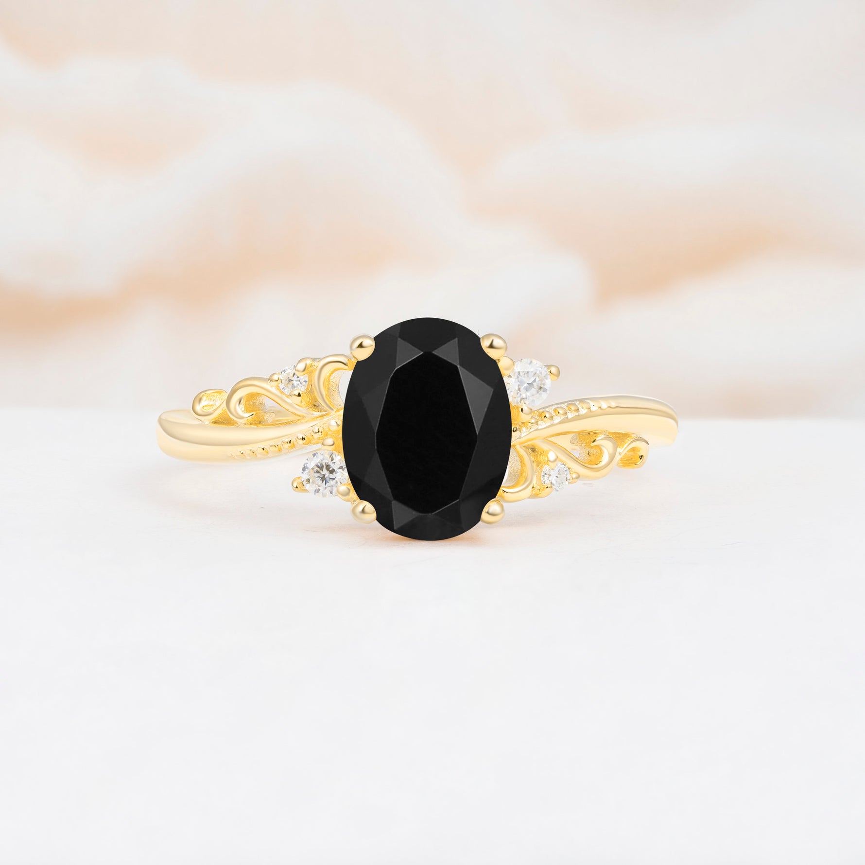 Romantic Oval Cut Twisted Scroll Side Stone Black Onyx Engagement Ring - Additional view