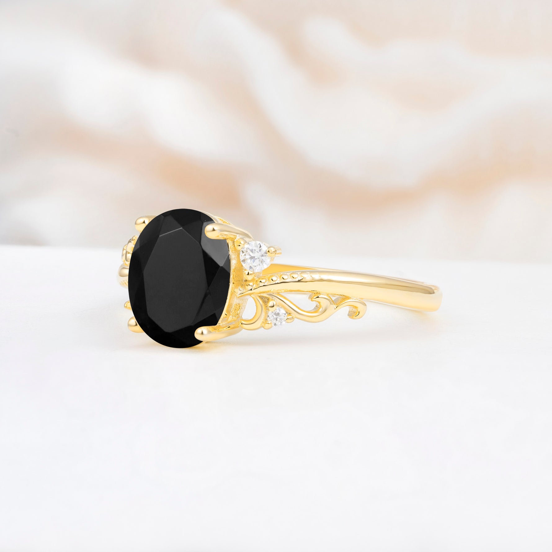 Romantic Oval Cut Twisted Scroll Side Stone Black Onyx Engagement Ring - Additional view