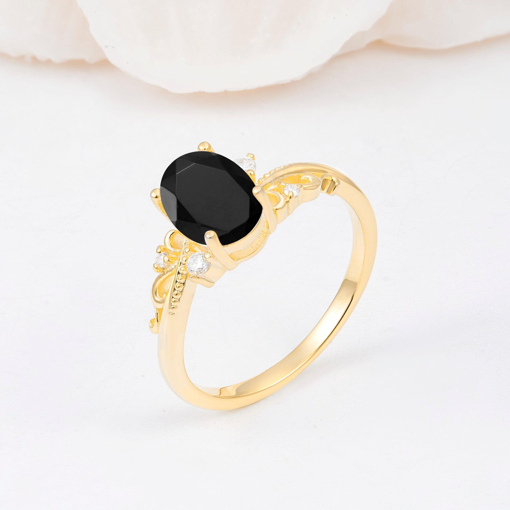 Romantic Oval Cut Twisted Scroll Side Stone Black Onyx Engagement Ring - Additional view