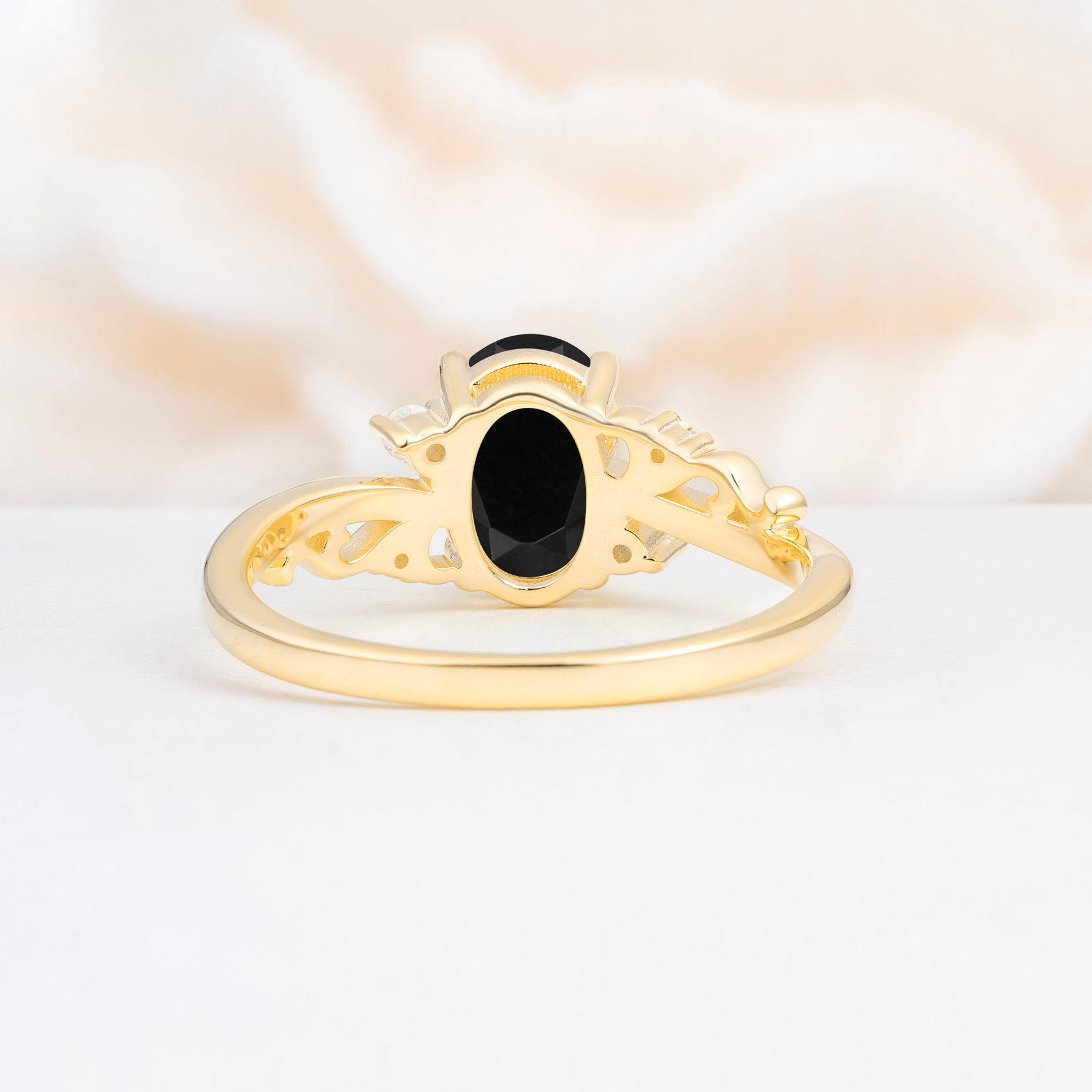 Romantic Oval Cut Twisted Scroll Side Stone Black Onyx Engagement Ring - Additional view