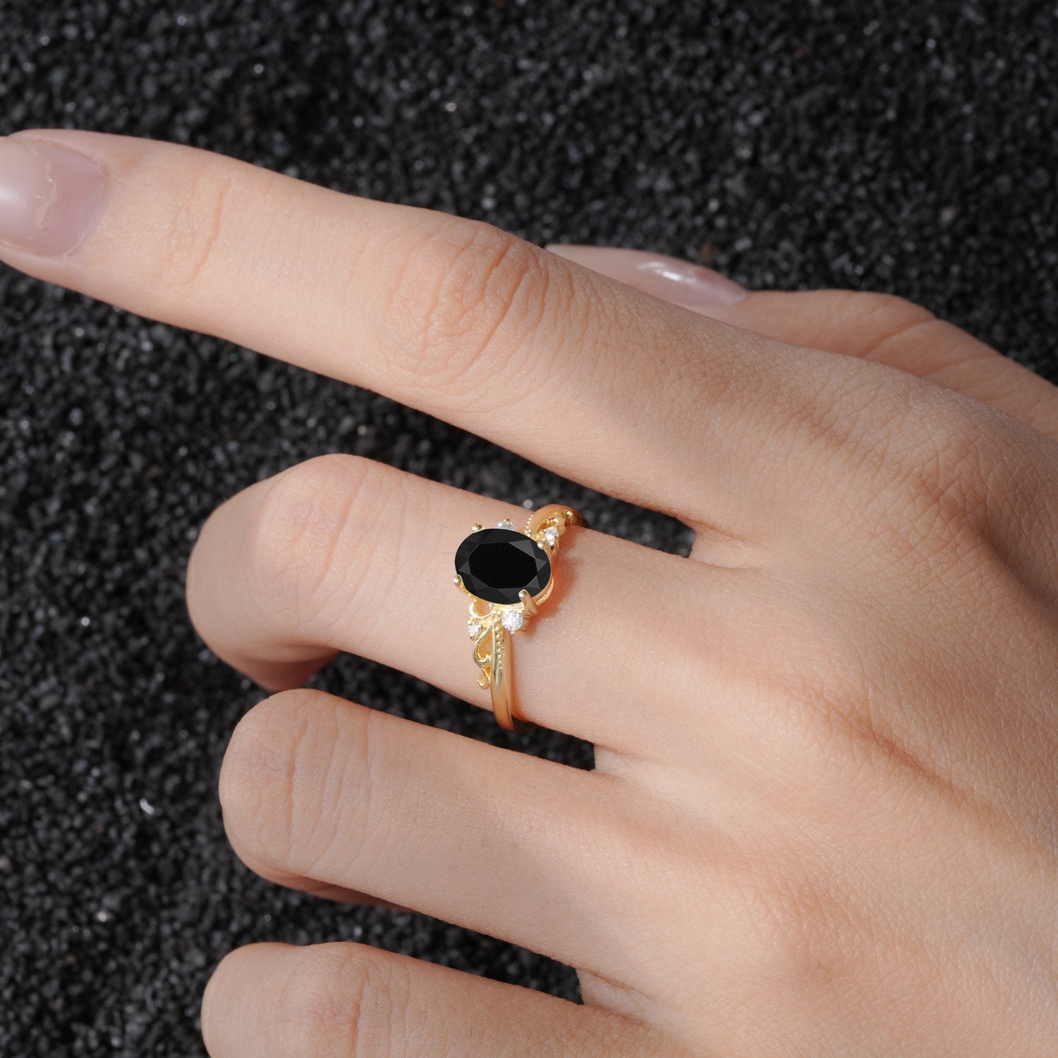 Romantic Oval Cut Twisted Scroll Side Stone Black Onyx Engagement Ring - Additional view