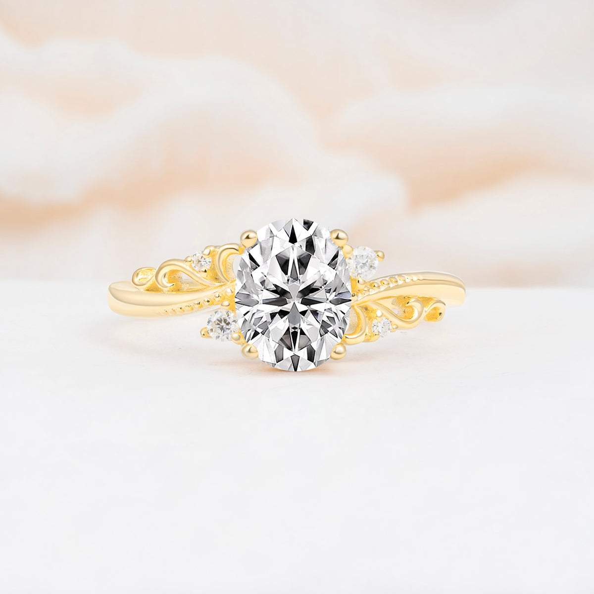 Romantic Oval Cut Twisted Scroll Side Stone Lab Diamond Engagement Ring - Additional view