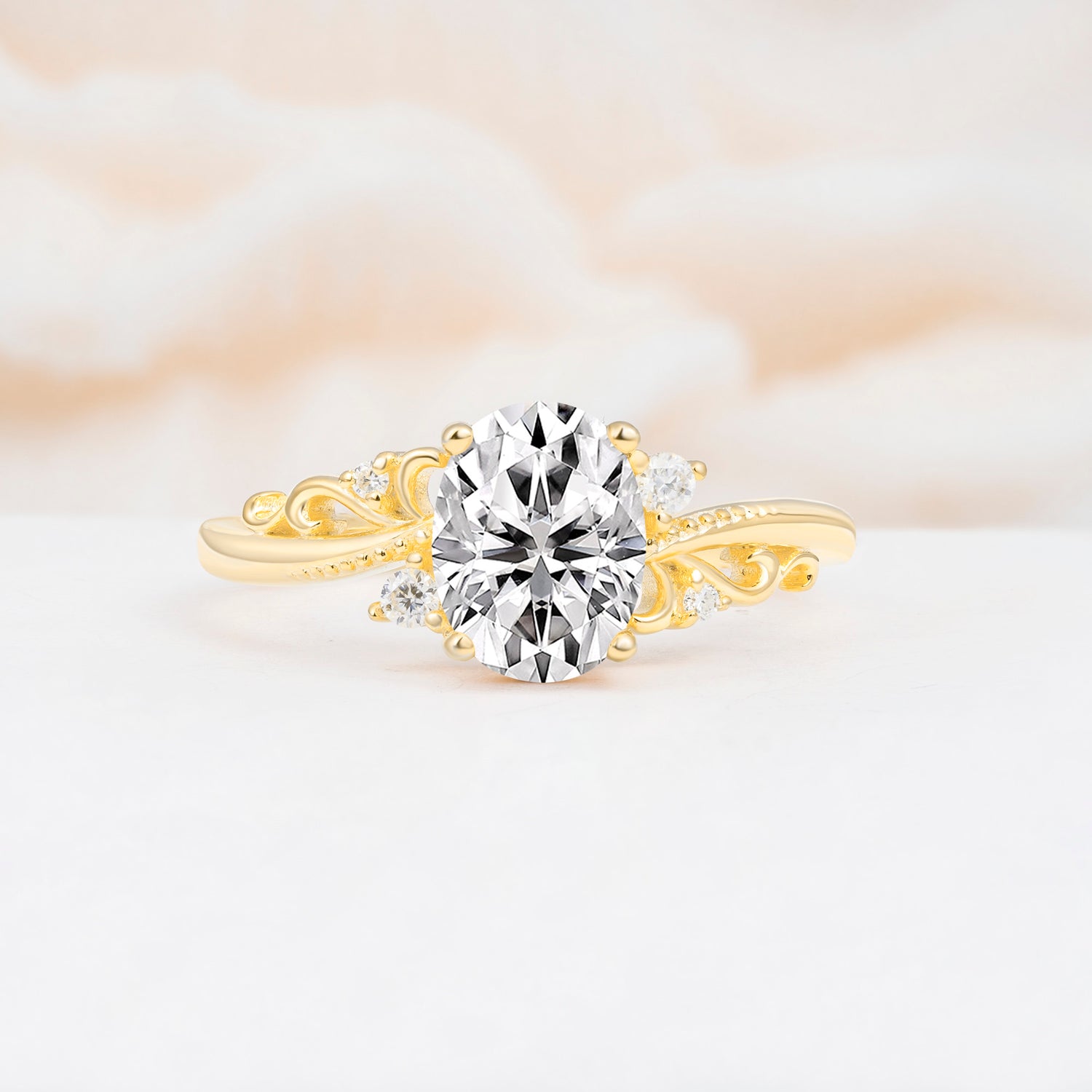 Romantic Oval Cut Twisted Scroll Side Stone Lab Diamond Engagement Ring - Additional view