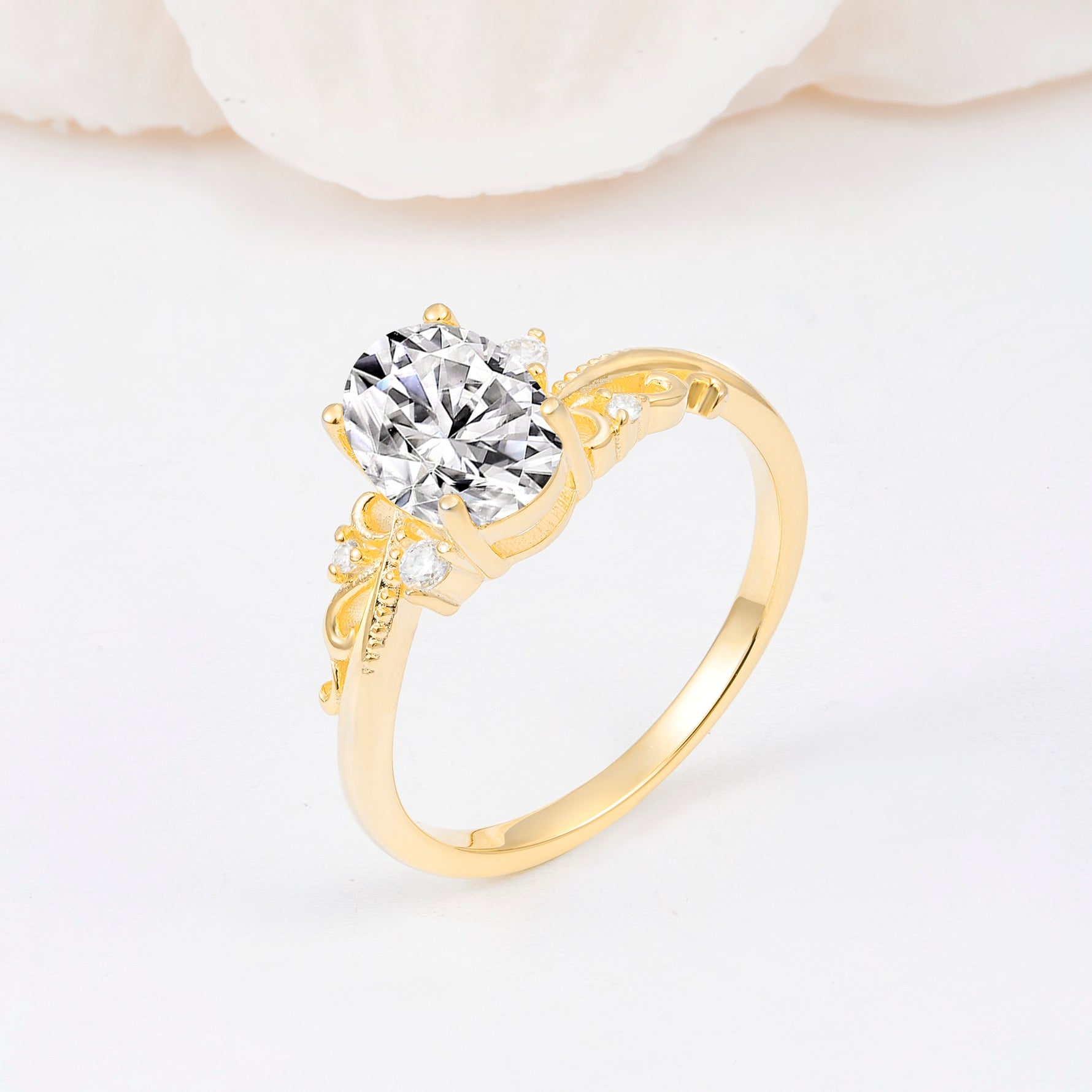 Romantic Oval Cut Twisted Scroll Side Stone Lab Diamond Engagement Ring - Additional view